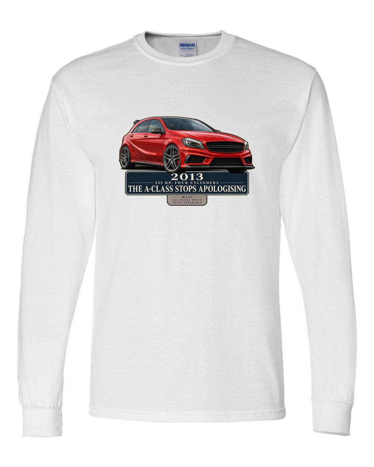 Mercedes-AMG A45 W176 chback editorial headline print white long sleeve front view with the design