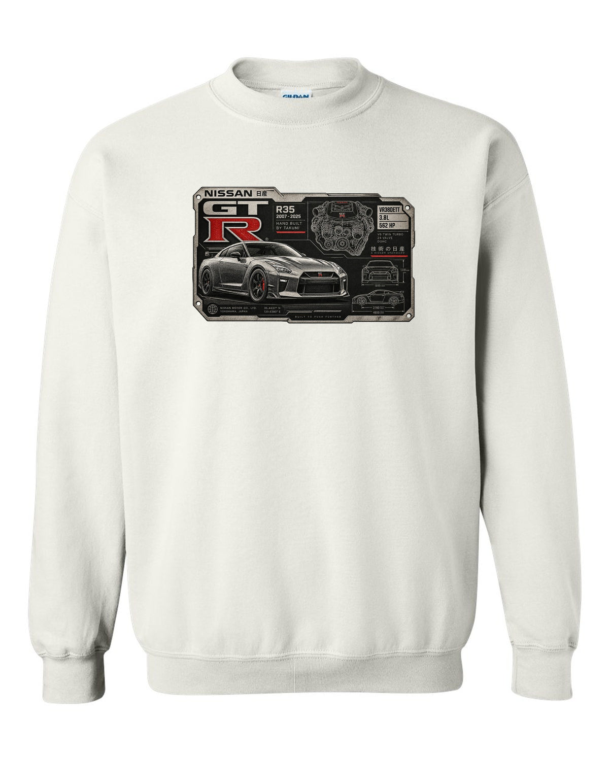 Spec sheet data plate print for the Nissan GT-R R35 showing VR38DETT 3.8L 562 HP white crewneck front view with the design