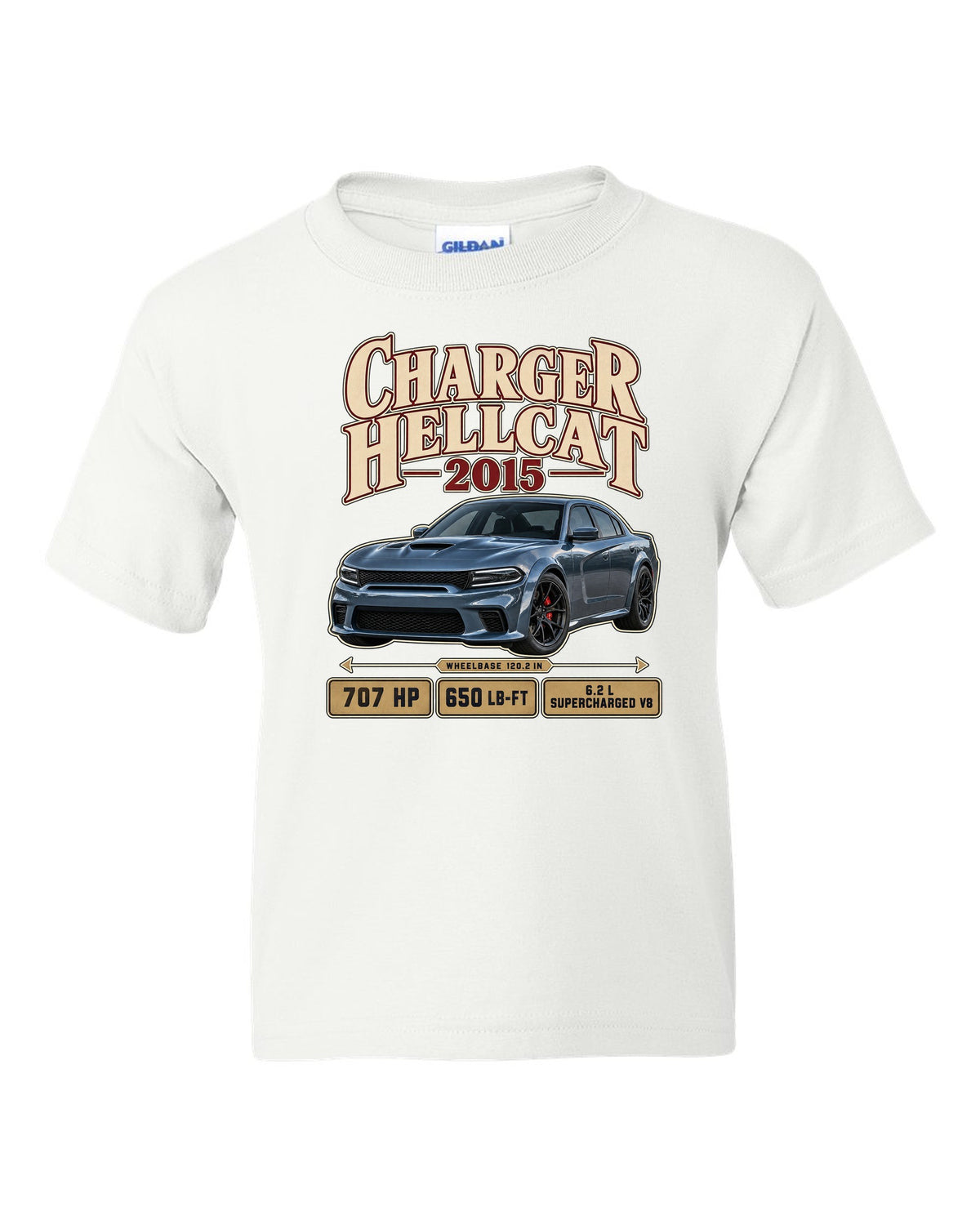 print of a 2015 Dodge Charger SRT Hellcat in an archive panel layout white kids tee front view with the design