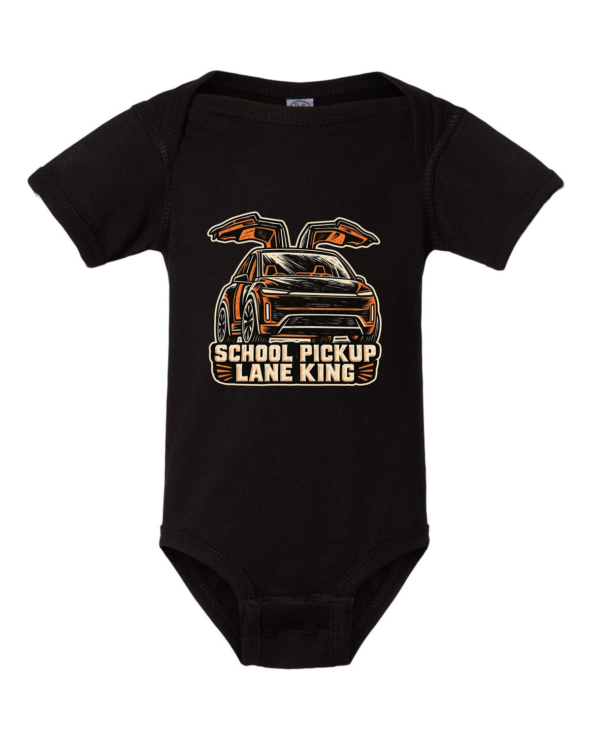 Chunky linocut woodblock print of a Tesla Model X reading School Pickup Lane King black baby onesie front view with the design