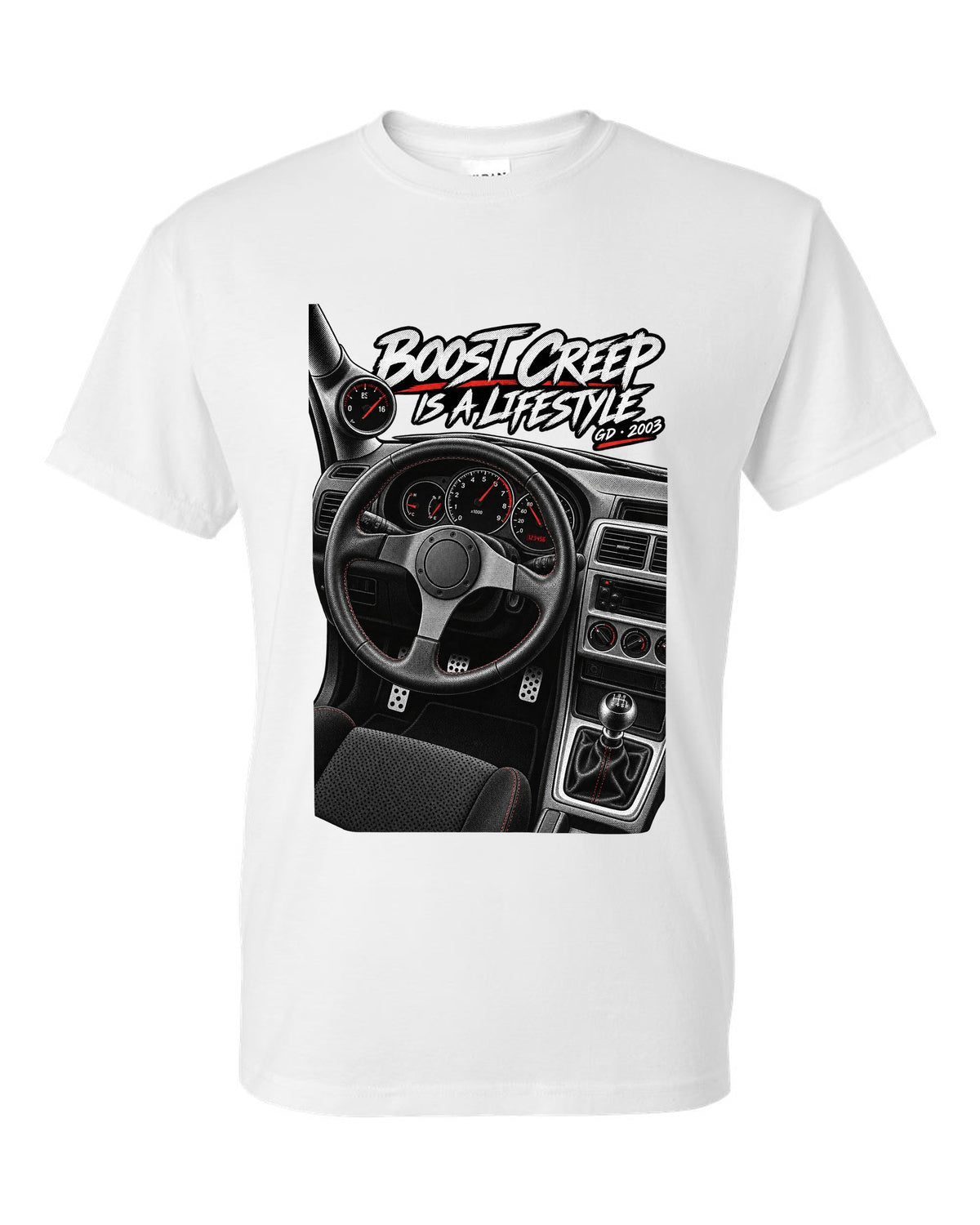 Boost gauge cockpit print for a Subaru Impreza WRX GD Blobeye with boost creep text white t-shirt front view with the design