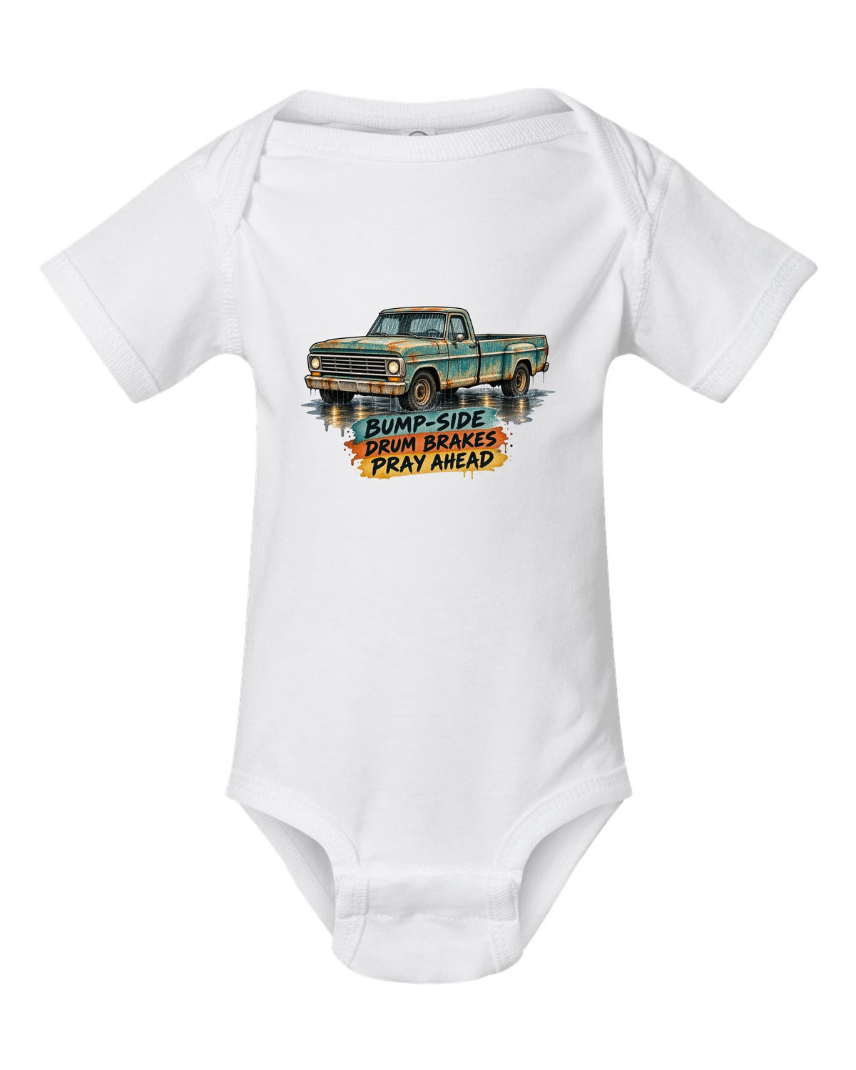 1967-72 Ford F-Series Bump-Side Barn Find Watercolour white baby onesie front view with the design