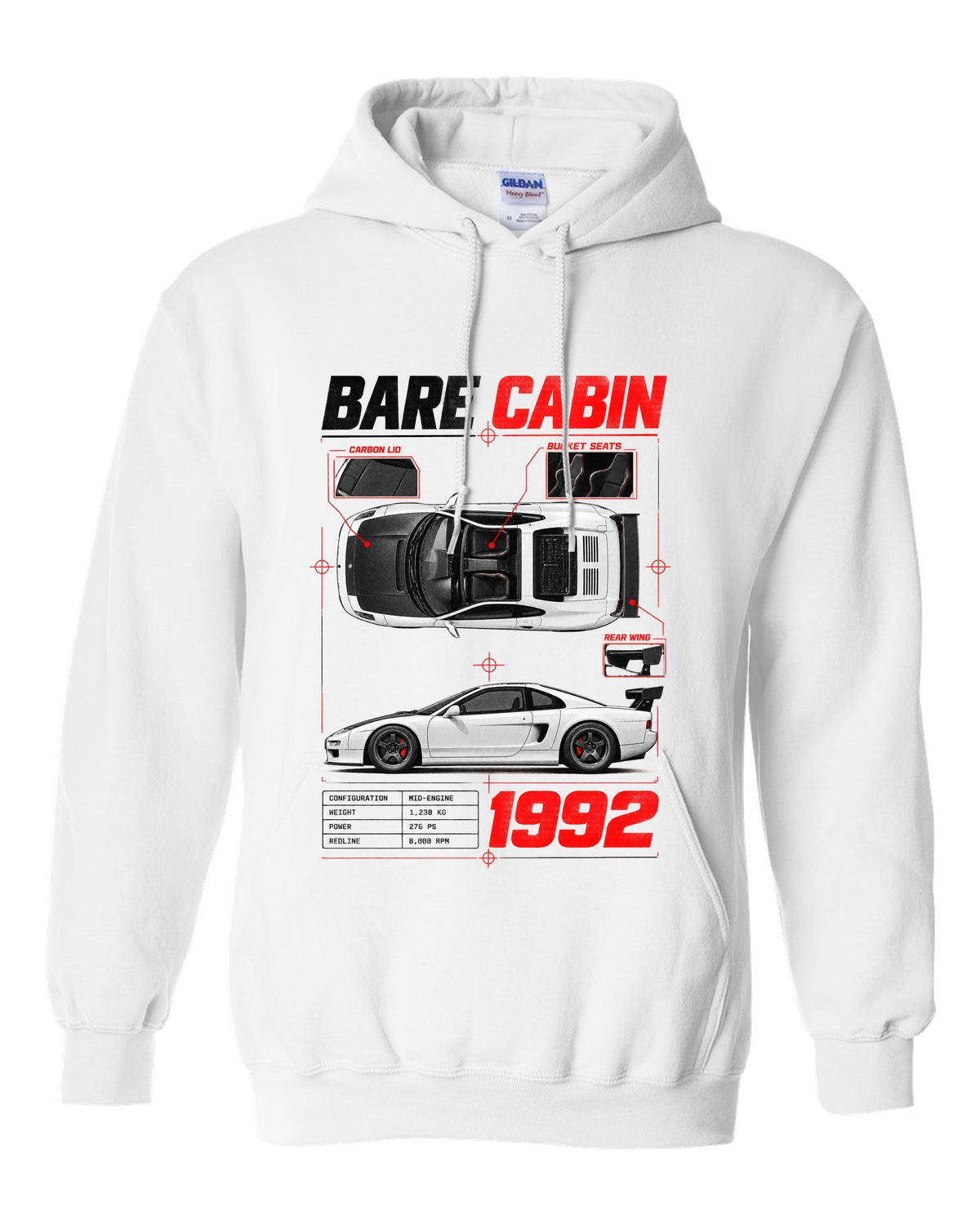 Spec poster print for the 1992 Honda NSX-R NA1 listing bare cabin, bucket seats and carbon lid white pull over hoodie front view with the design
