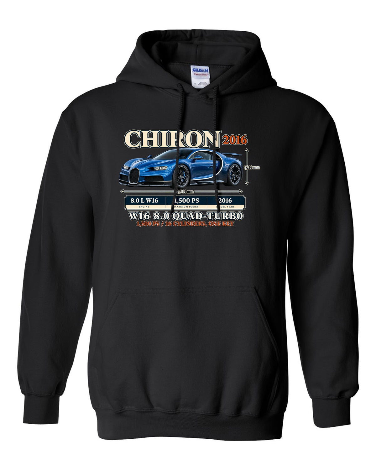 Archive panel print of a steel blue Bugatti Chiron with W16 spec text black pull over hoodie front view with the design