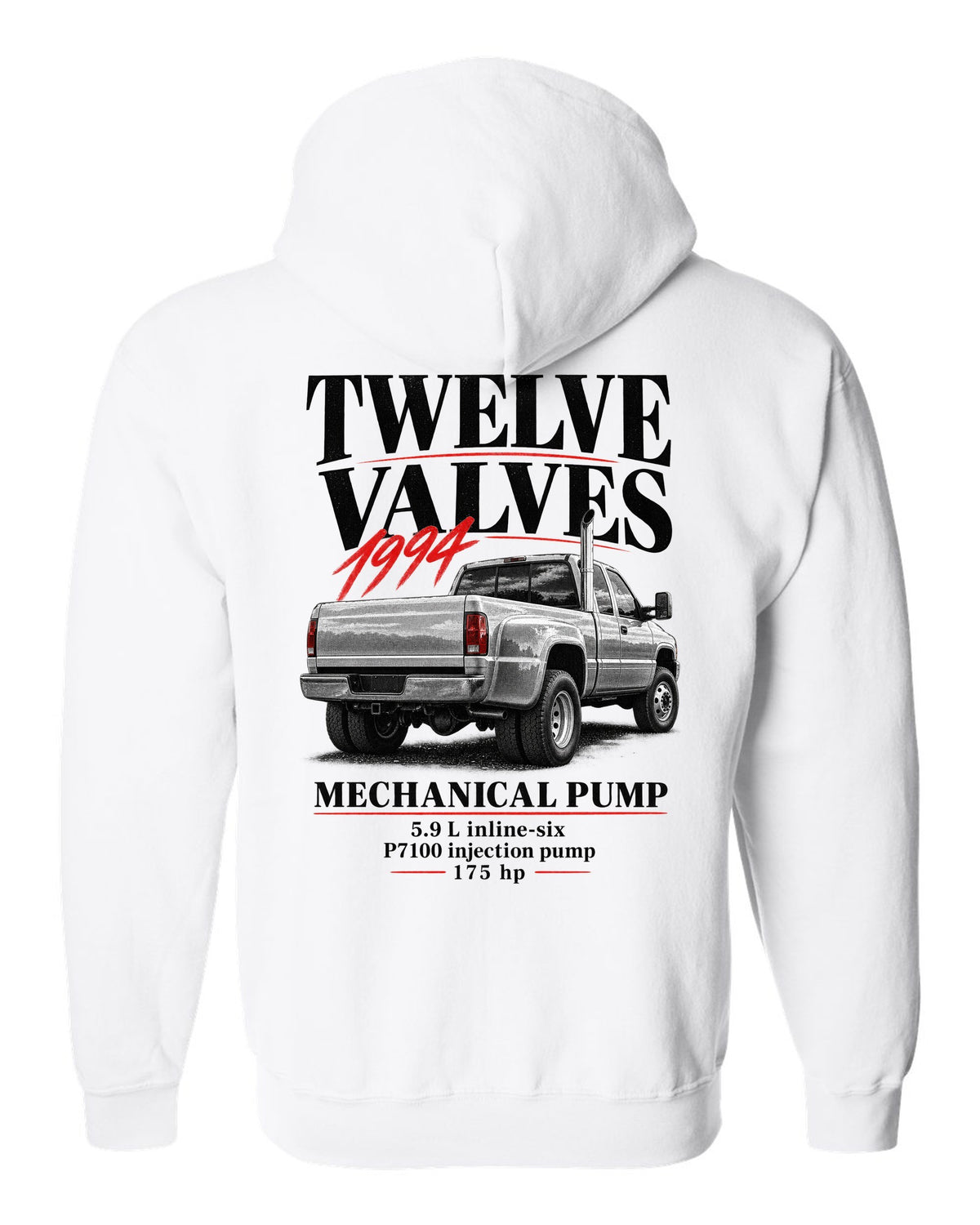 Editorial print of a 1994-98 Dodge Ram 2500 2nd gen 12-valve in a rear three-quarter view white zip hoodie back view with the design