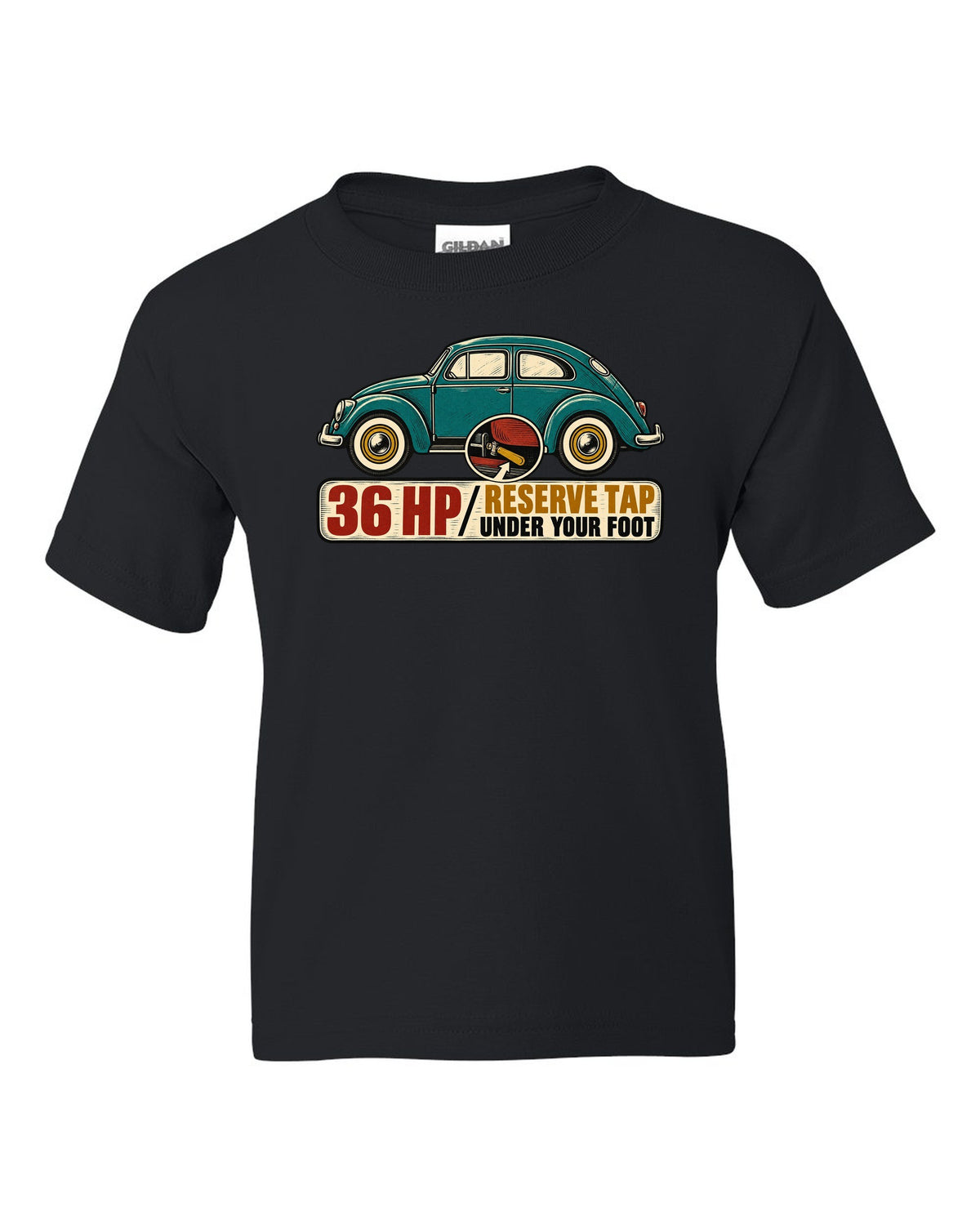 Multi-colour linocut of a 1955 oval-window VW Beetle with reserve tap lettering black kids tee front view with the design