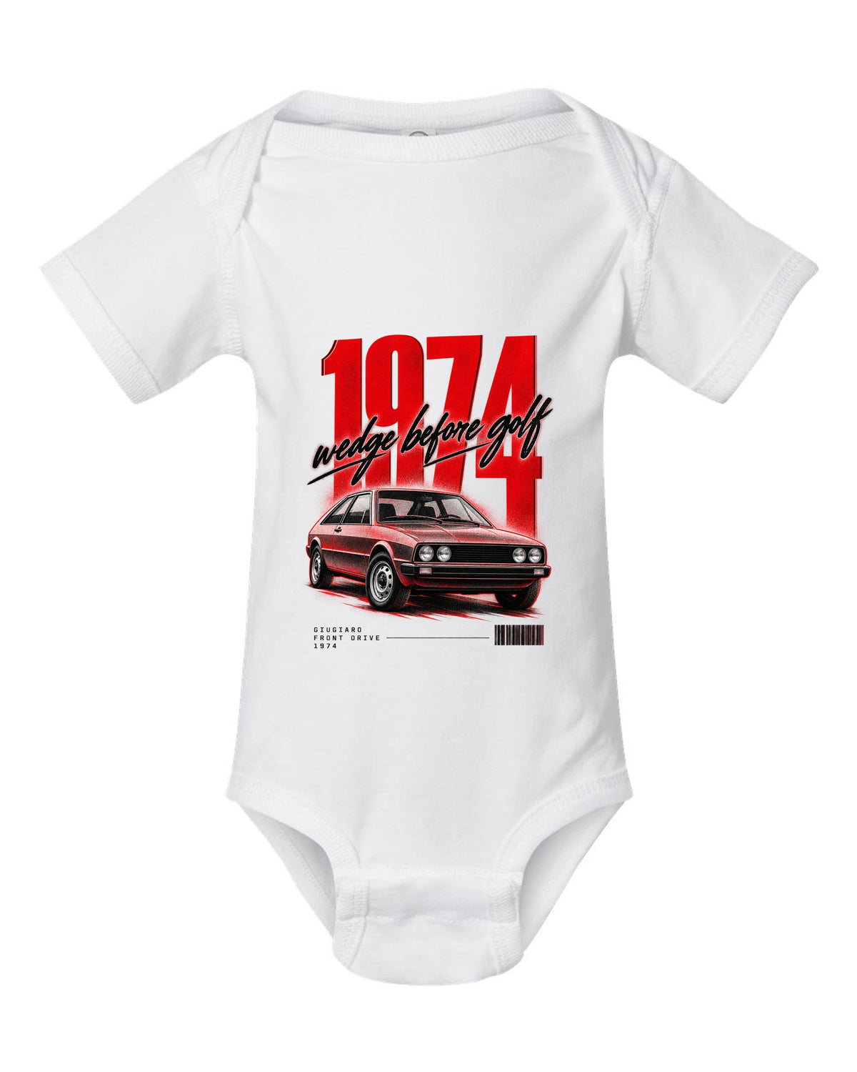 Street poster print of a VW Scirocco Mk1 front three-quarter with wedge before Golf 1974 text white baby onesie front view with the design