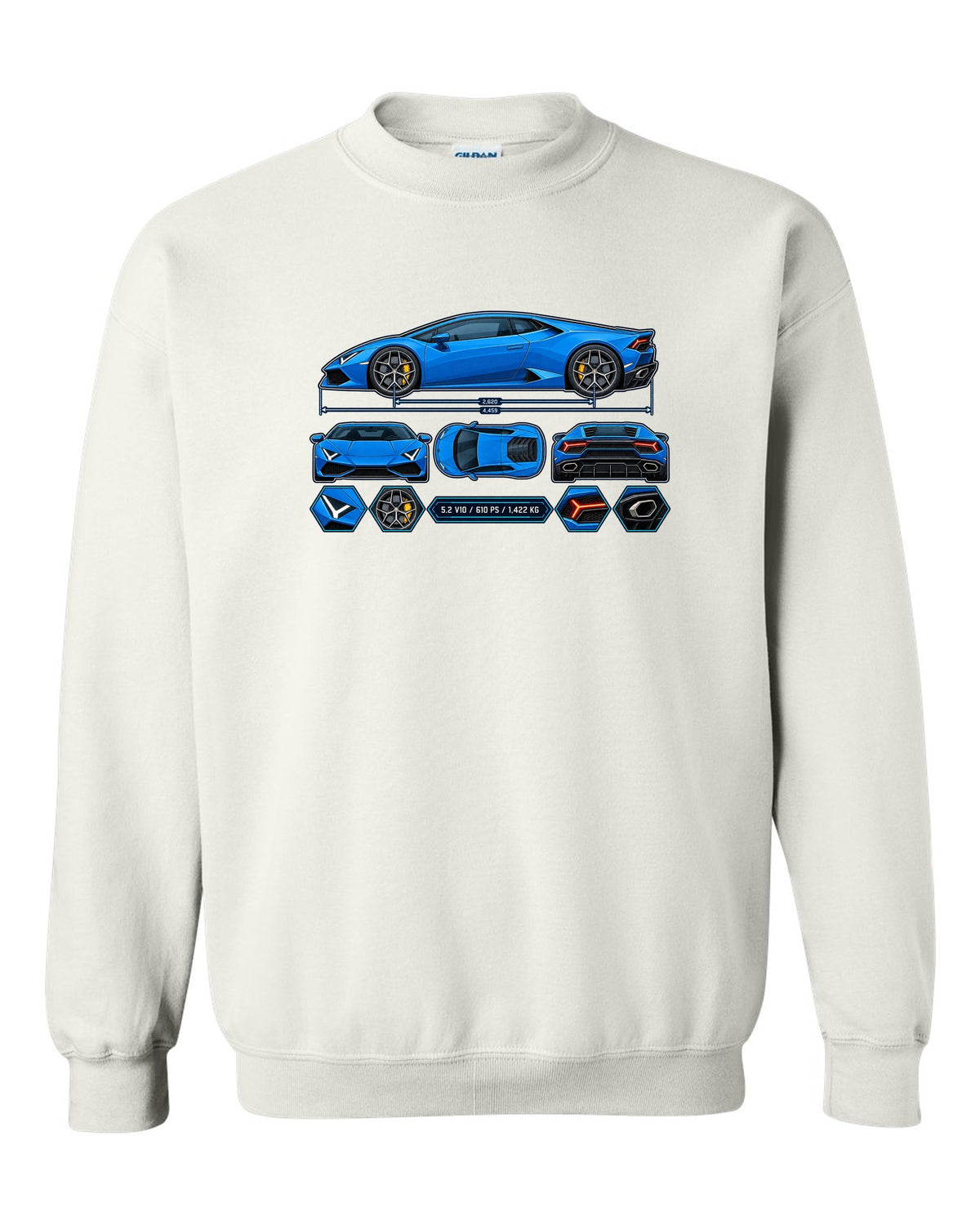 Colour technical blueprint of a Lamborghini Huracan LP610-4 with text 5.2 V10 / 610 PS / 1,422 KG white crewneck front view with the design