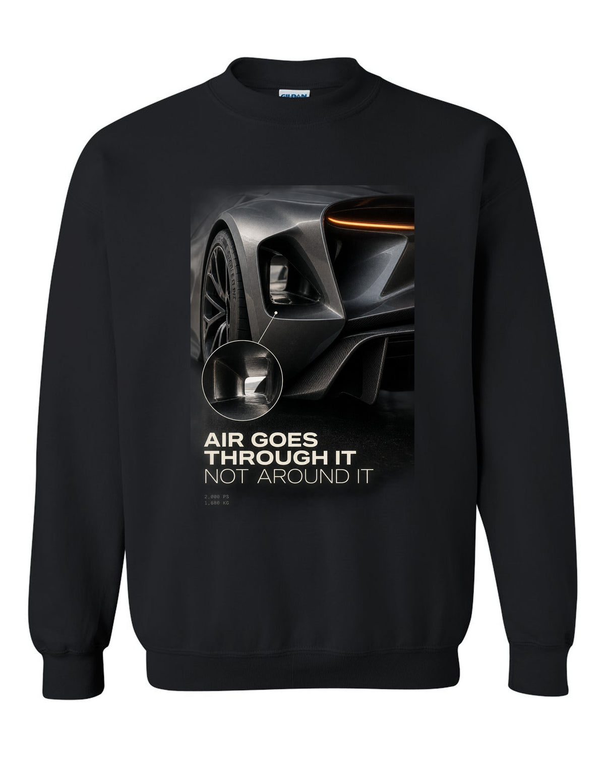 Lotus Evija rear three-quarter tunnel macro print with air goes through it text black crewneck front view with the design