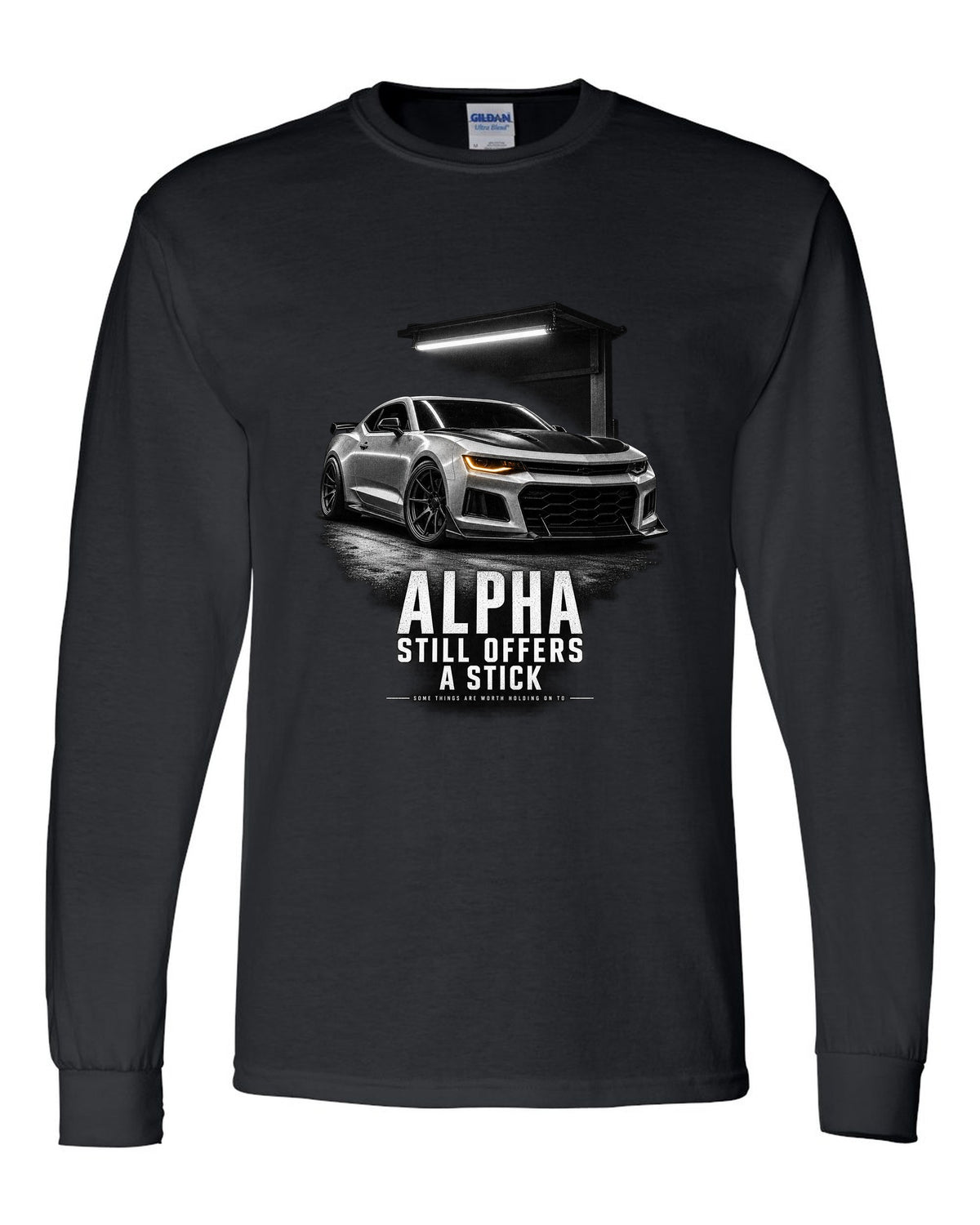 Garage-night print of a 2018 Chevrolet Camaro SS 1LE sixth-gen front three-quarter with Alpha text black long sleeve front view with the design