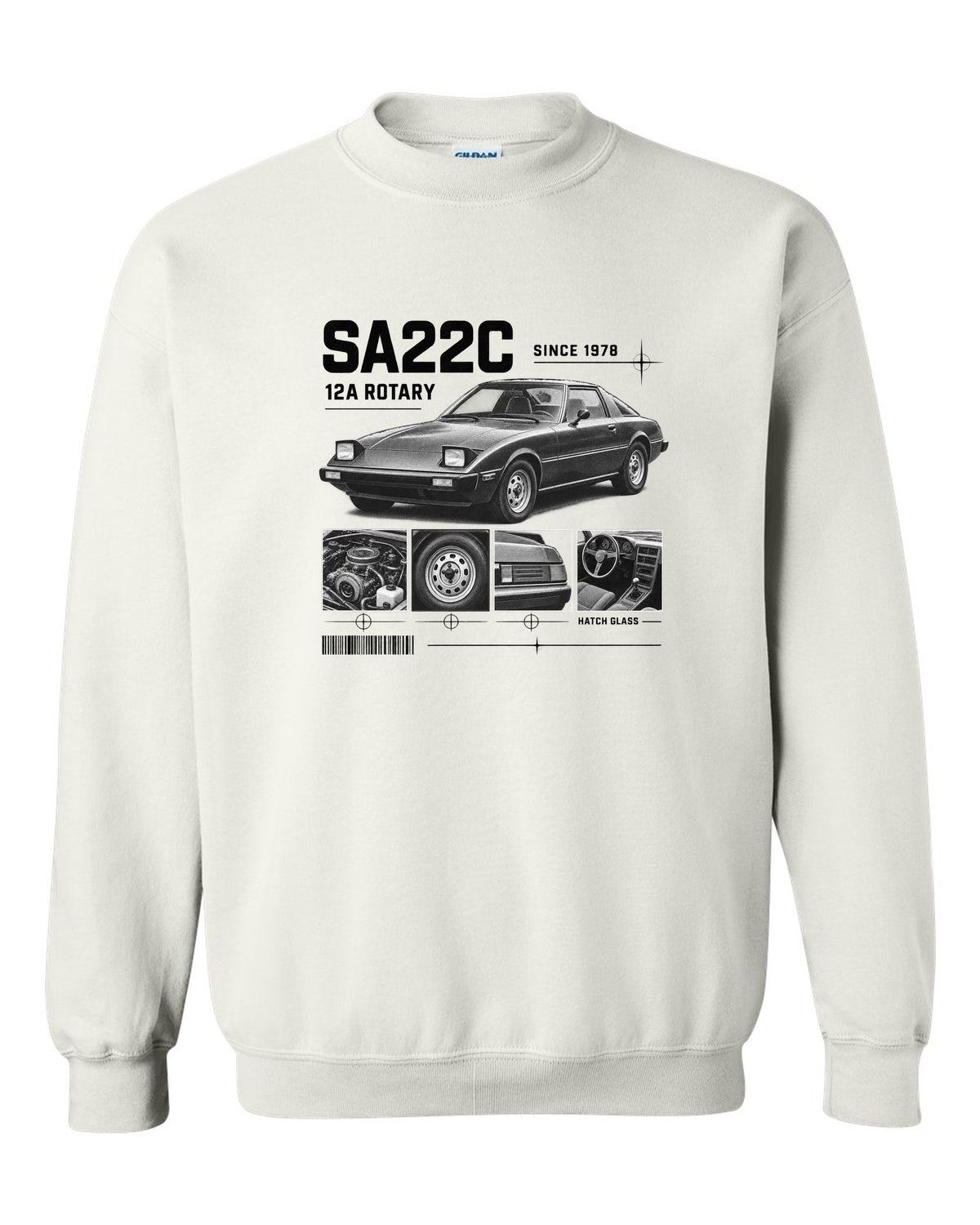 Dossier panel print of a Mazda RX-7 SA22C with 12A rotary lettering white crewneck front view with the design