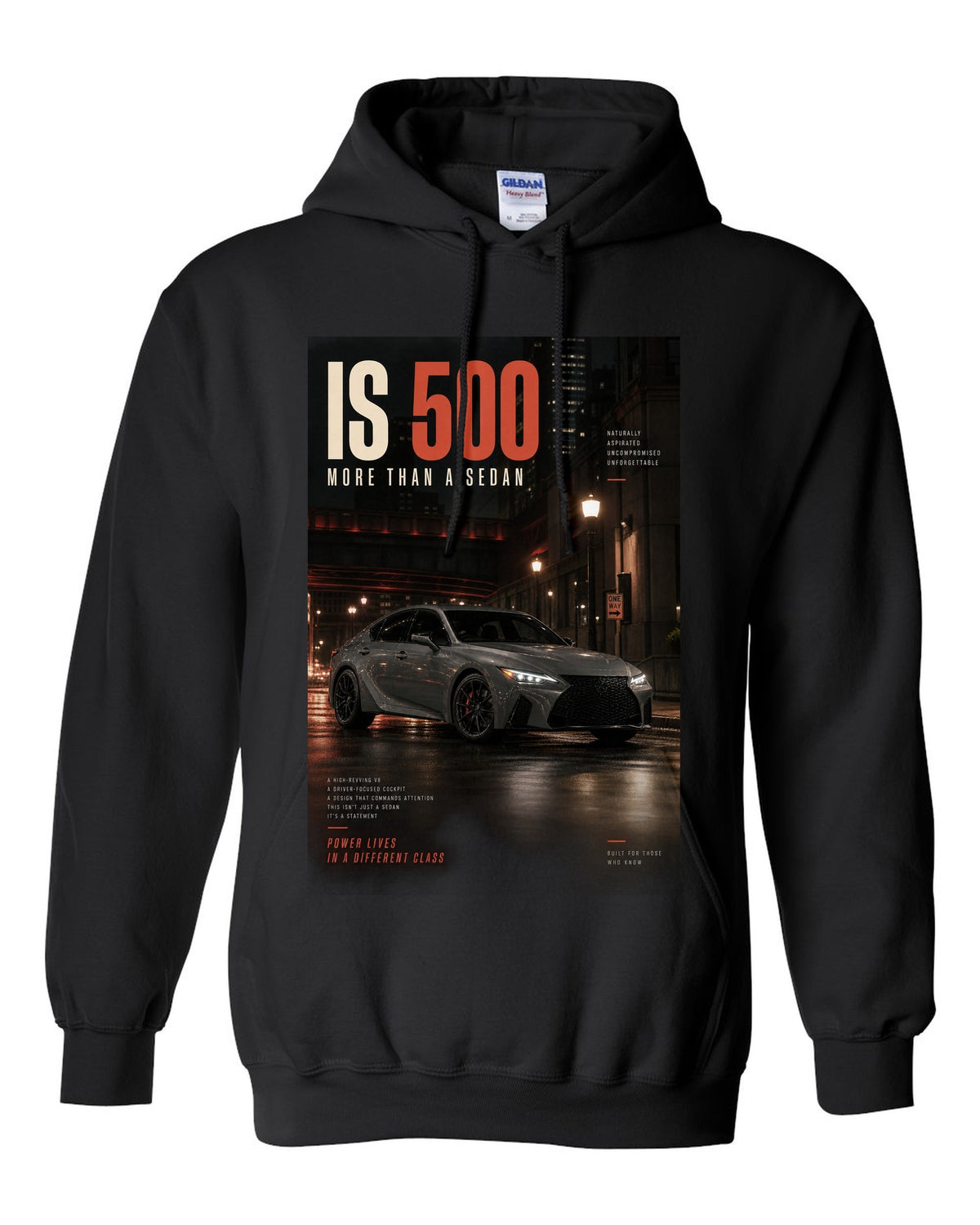 Halftone print of the Lexus IS 500 with 5.0 V8 text black pull over hoodie front view with the design