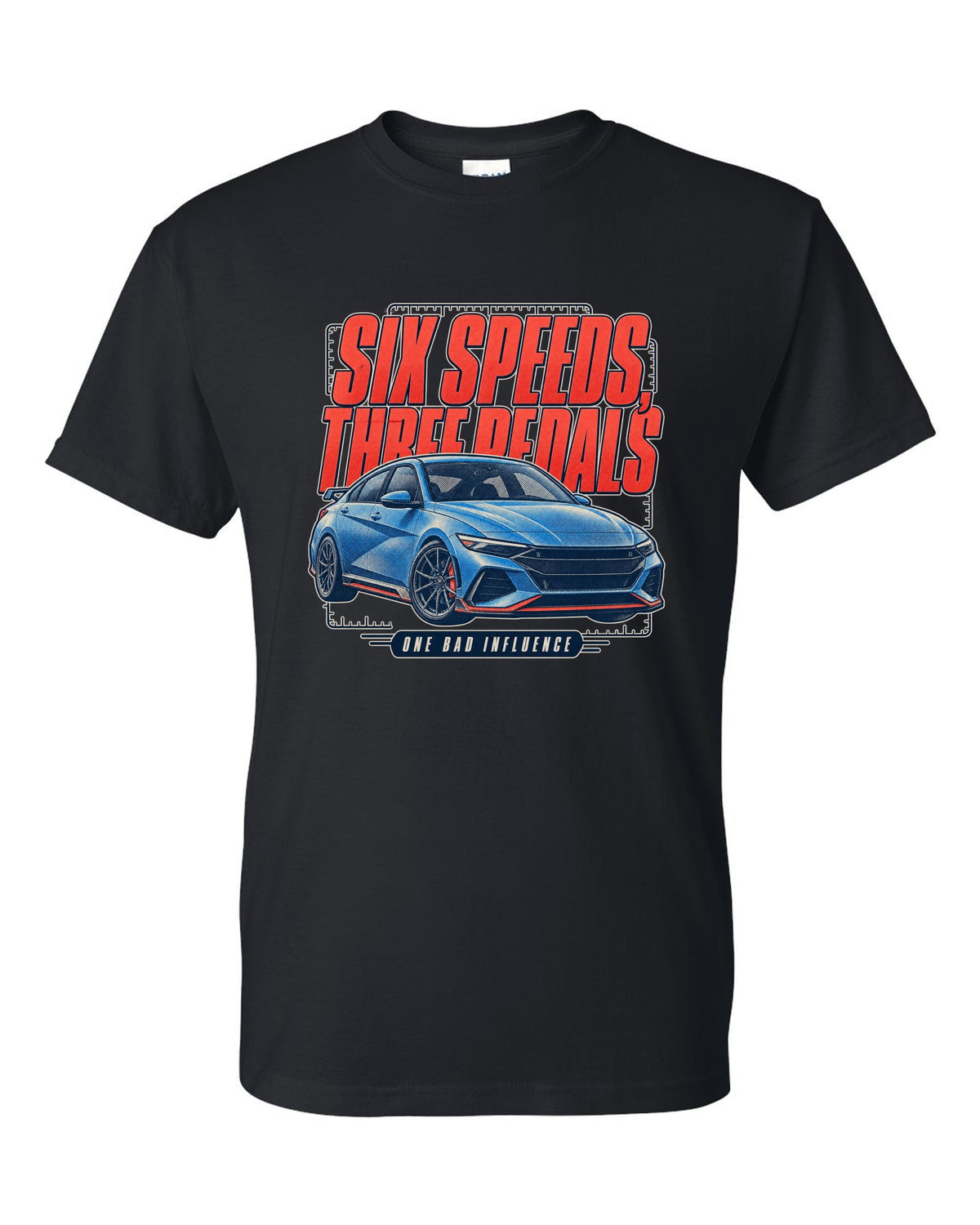 Hyundai Elantra N 2024 halftone statement print black t-shirt front view with the design