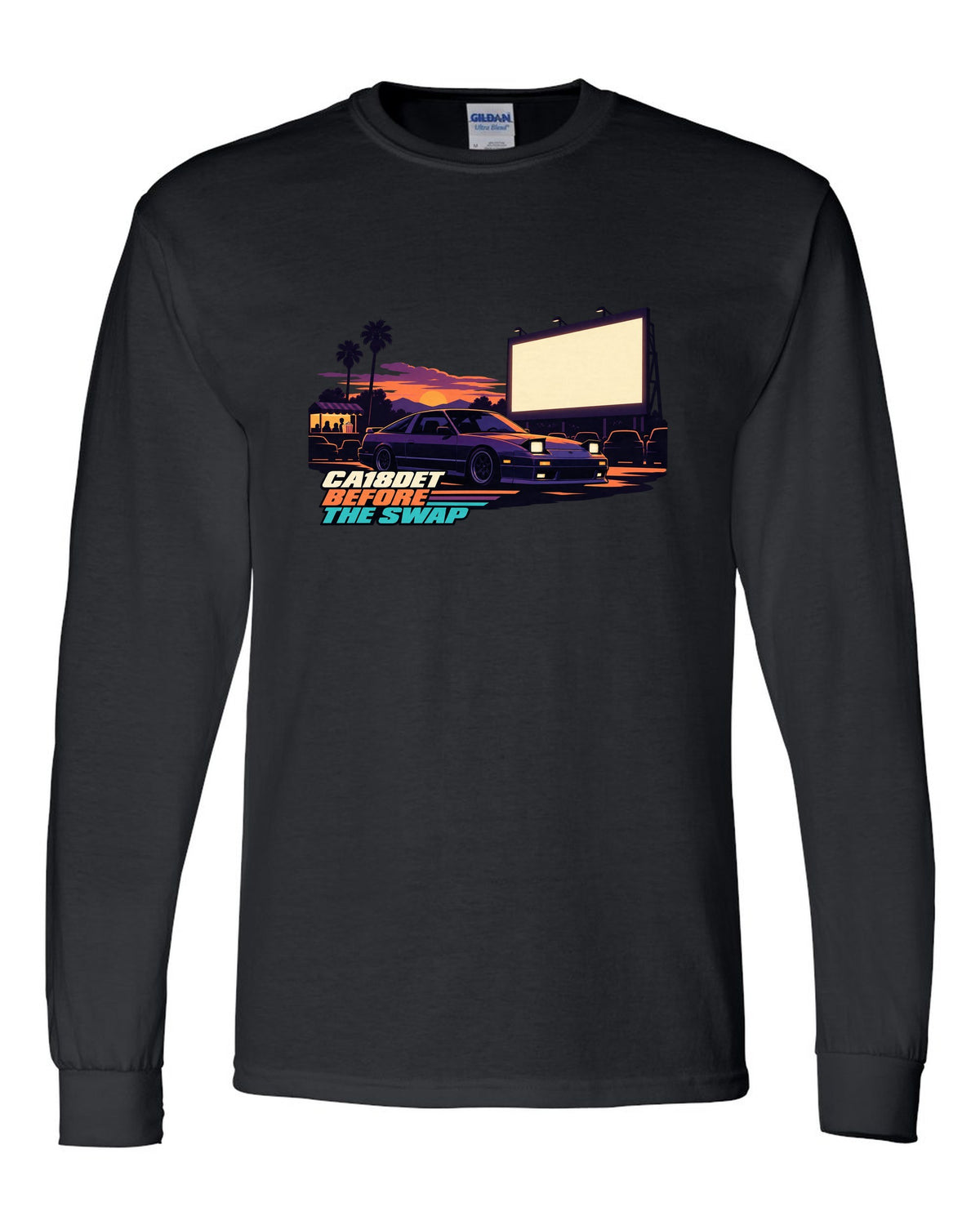 Flat vector drive-in print of a Nissan 180SX S13 with CA18DET before the swap lettering black long sleeve front view with the design
