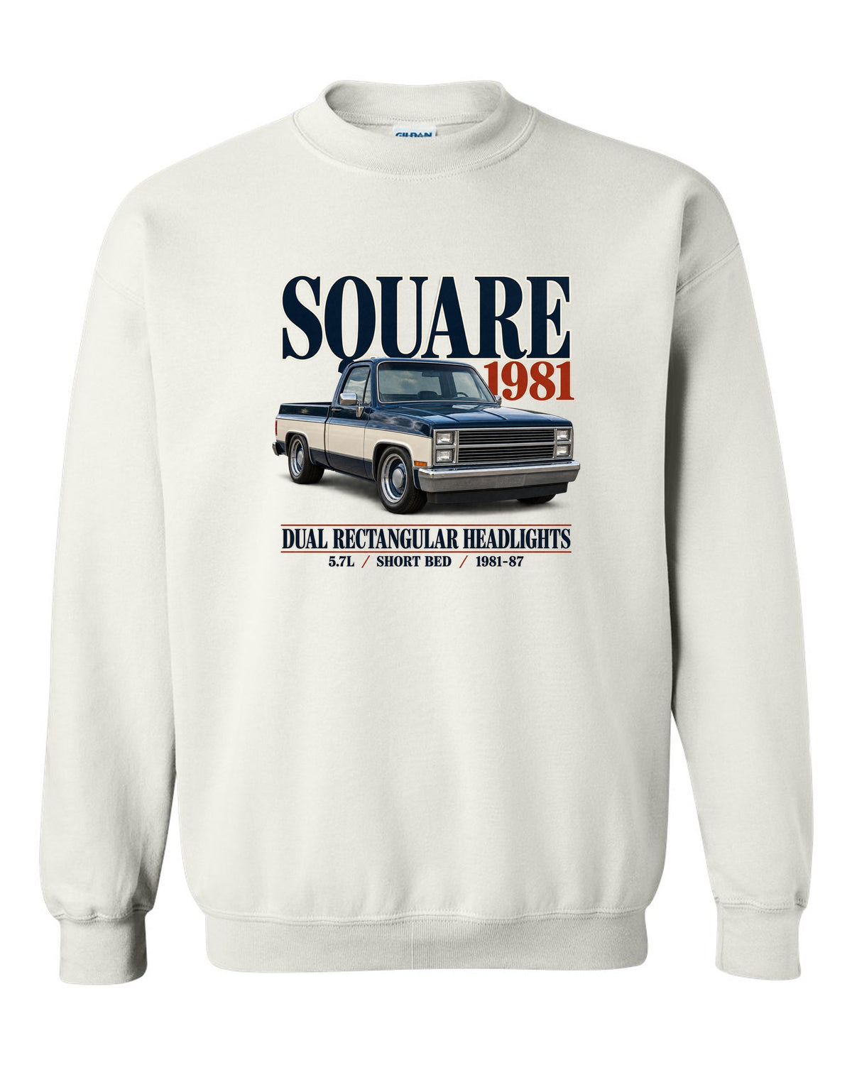 Editorial print of a 1981-87 Chevrolet C10 Squarebody in Silverado trim white crewneck front view with the design