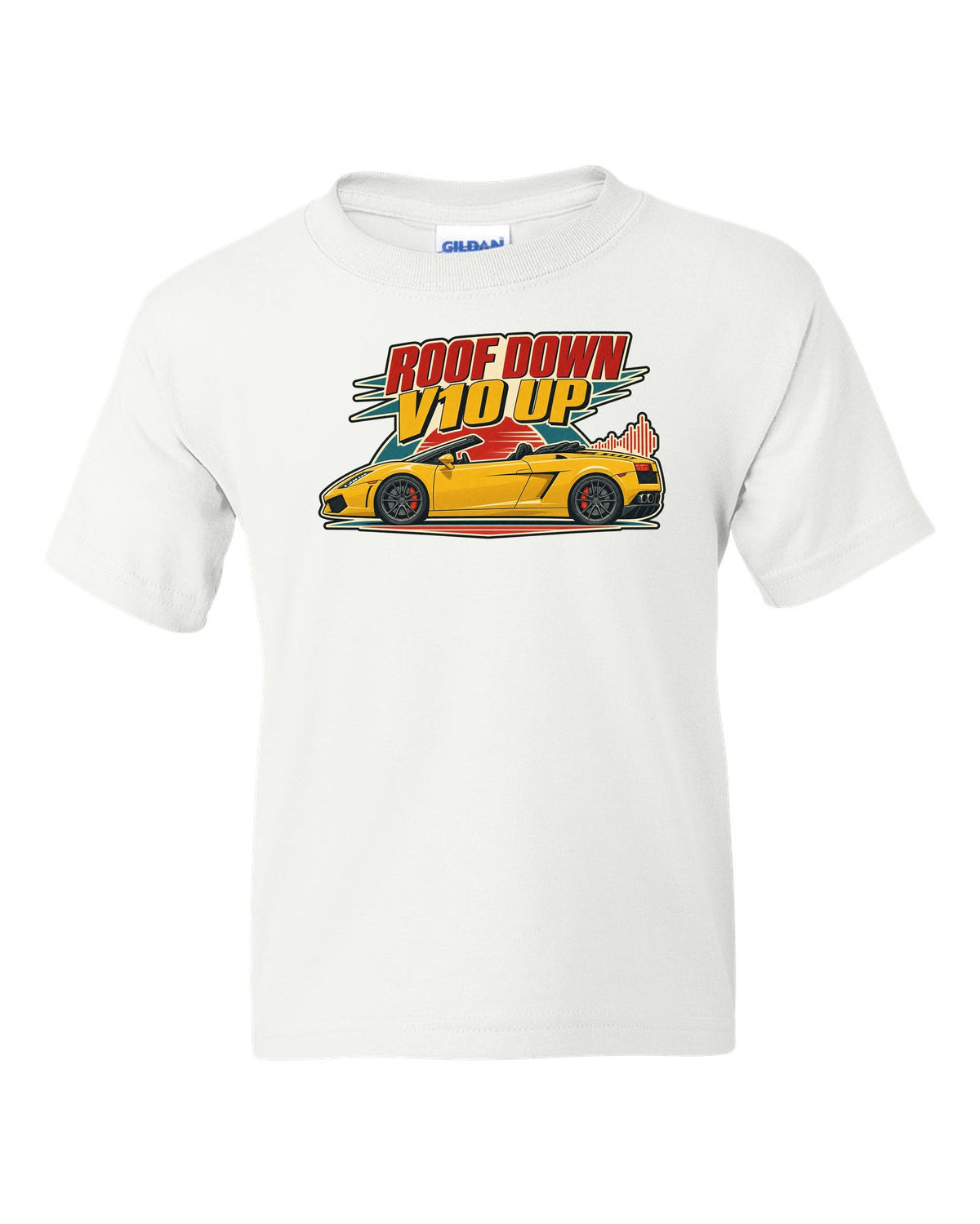 Vintage 1960s lithograph poster of a Lamborghini Gallardo Spyder LP560-4 with the text ROOF DOWN / V10 UP white kids tee front view with the design