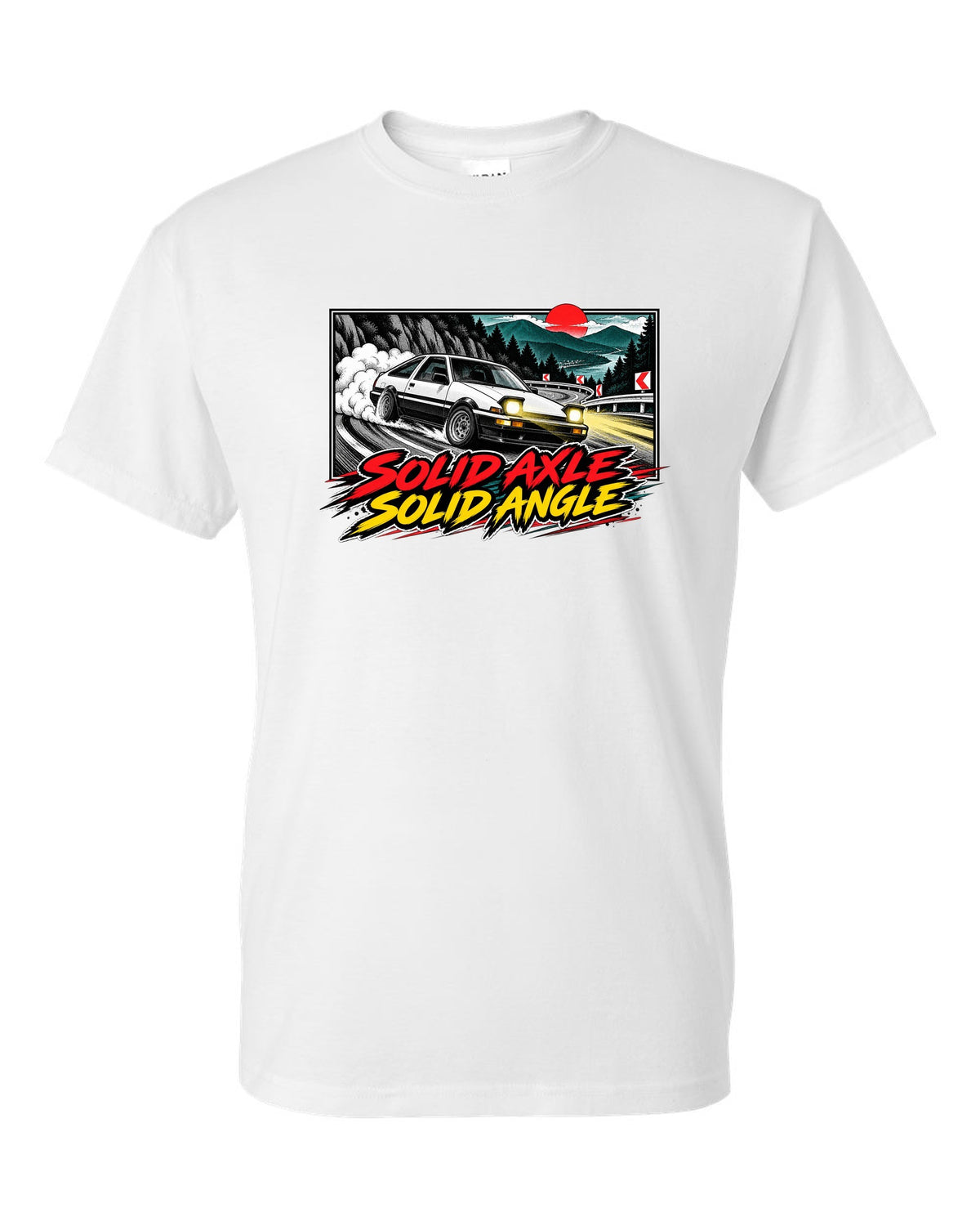 Retro manga halftone panel of a Toyota AE86 Sprinter Trueno drifting downhill white t-shirt front view with the design