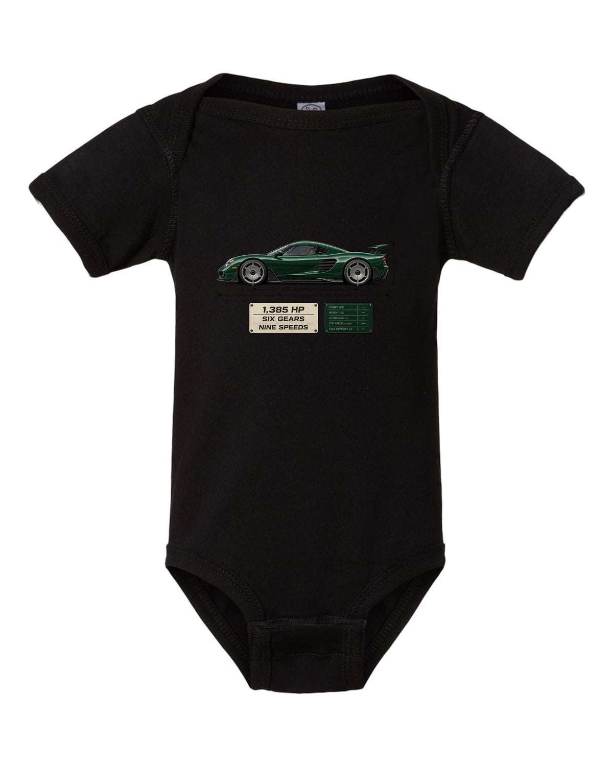 Blueprint print of the Koenigsegg CC850 with the text 1,385 hp, six gears, nine speeds black baby onesie front view with the design