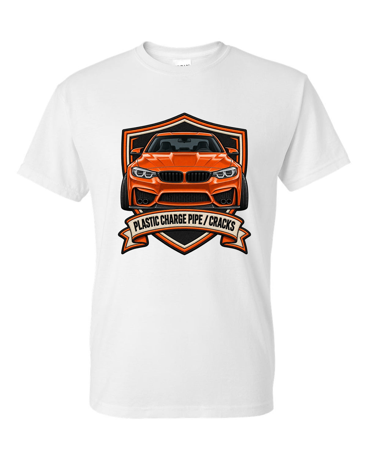 BMW F80 M3 varsity crest print with charge pipe joke text white t-shirt front view with the design