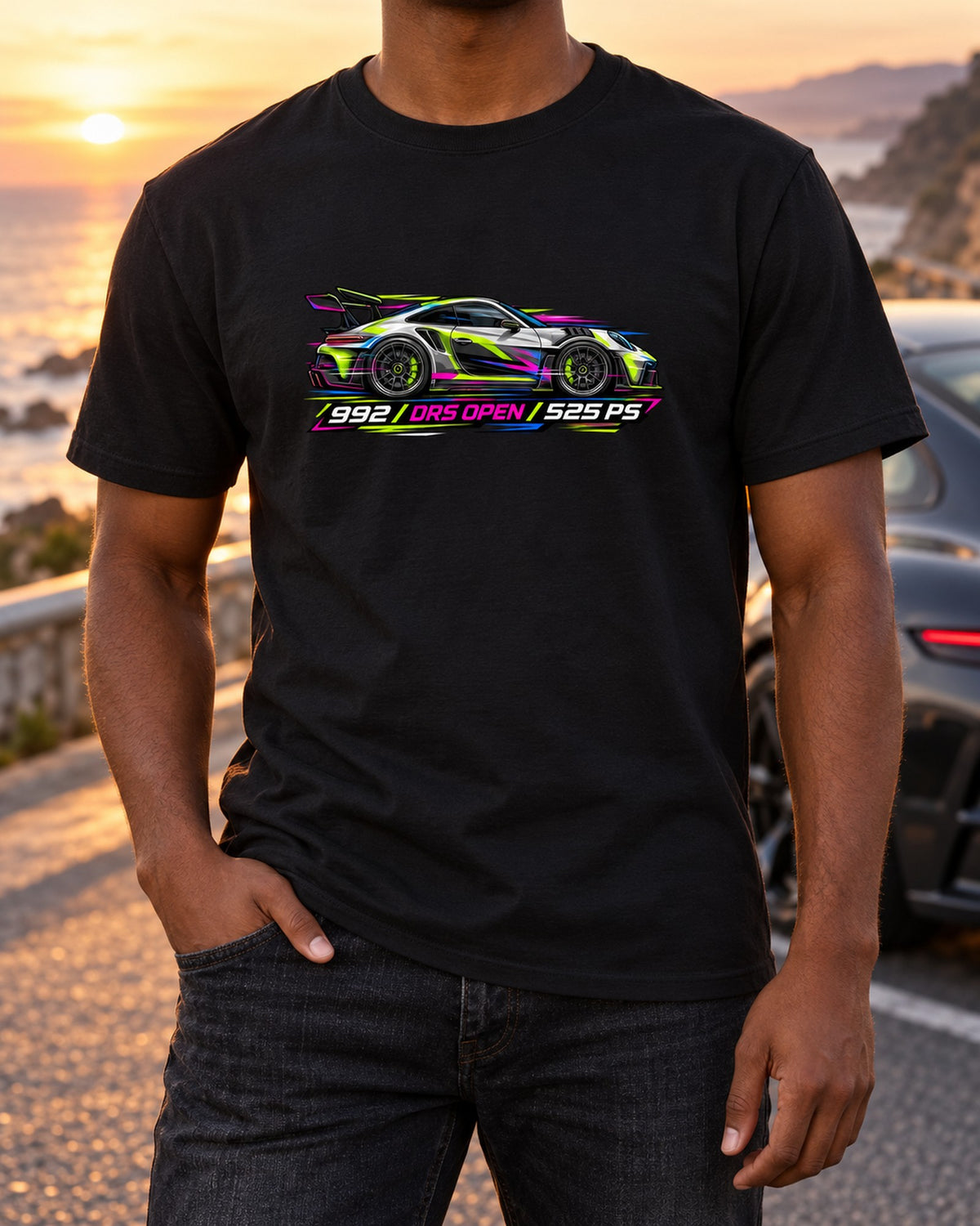 Porsche 911 GT3 RS 992 DRS Open Cyberpunk Neon Track Tee T-Shirt Black worn hero
