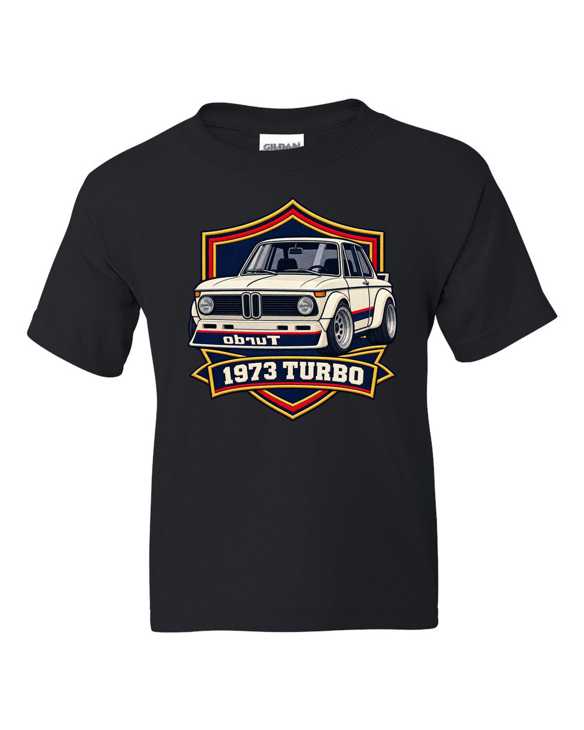 BMW 2002 turbo varsity crest print with mirrored turbo lettering and 1973 black kids tee front view with the design
