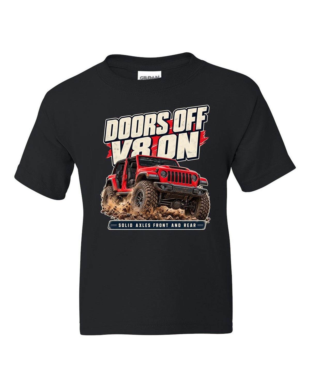 Editorial headline print for the Jeep Rubicon 392 about doors off and a V8 black kids tee front view with the design