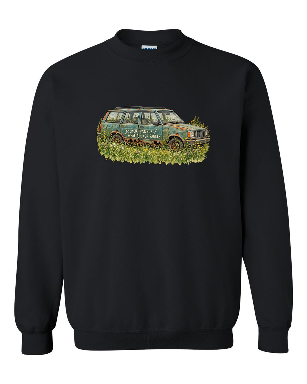 Watercolour print of a Jeep Cherokee XJ in a meadow with a rocker panel joke black crewneck front view with the design