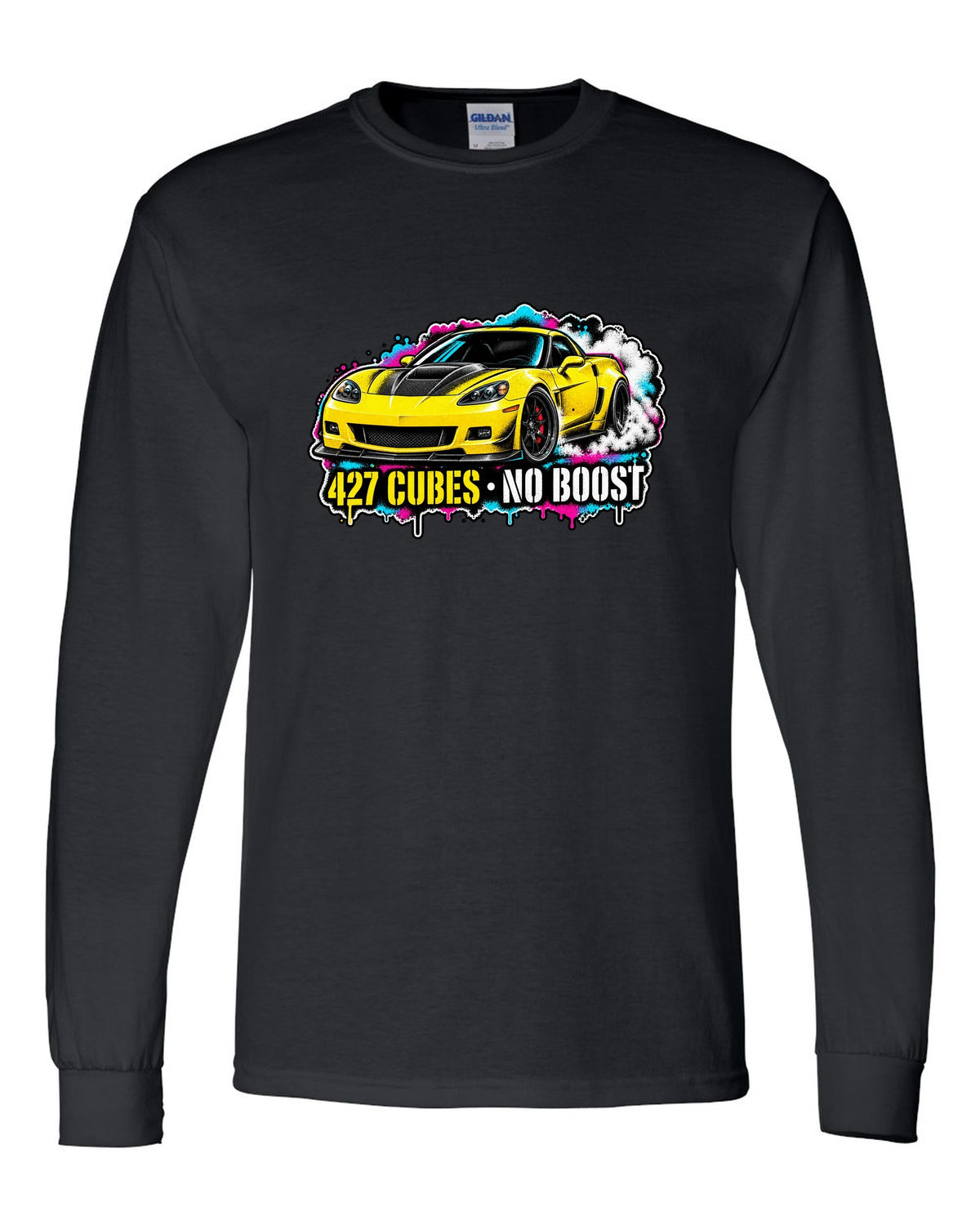 Stencil spray street art print of a 2006 Chevrolet Corvette C6 Z06 with 427 cubes no boost lettering black long sleeve front view with the design