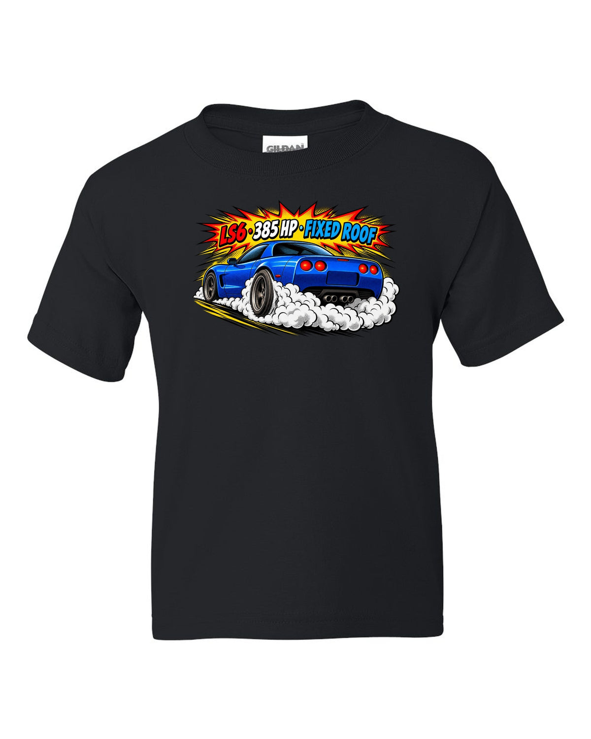 Comic halftone pop-art print of a 2001 Chevrolet Corvette C5 Z06 with LS6 385 HP Fixed Roof text black kids tee front view with the design