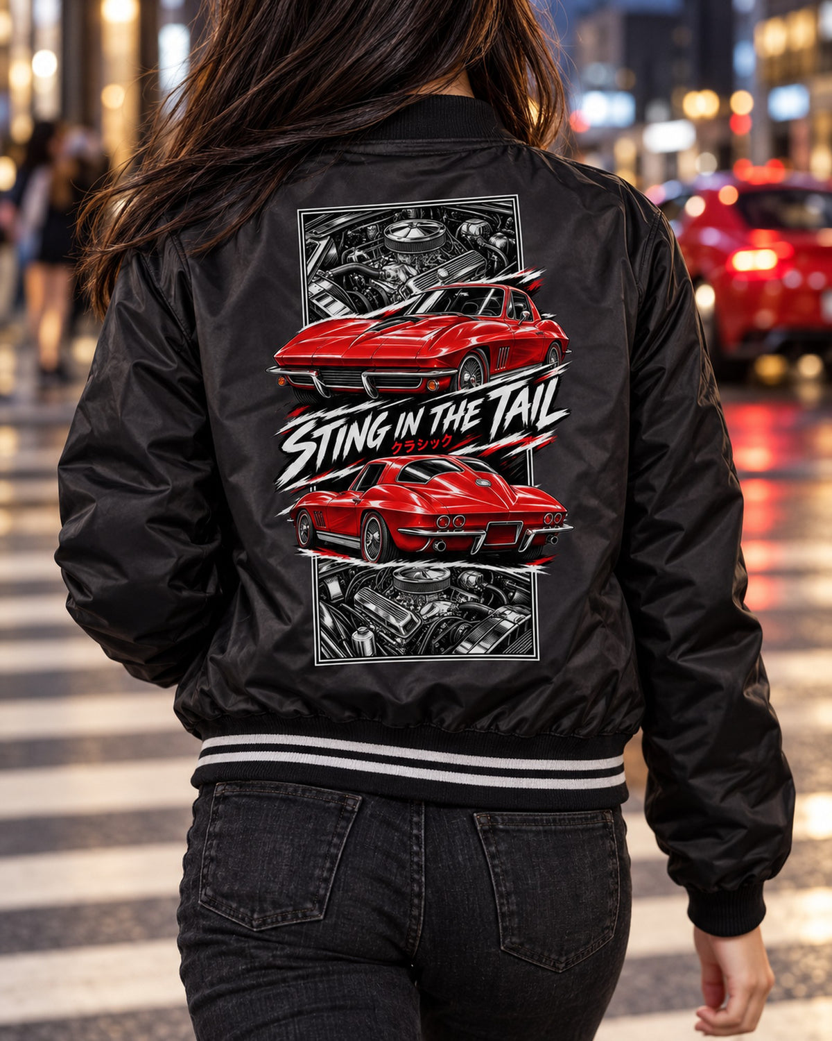 Corvette C2 Torn Poster Full-Back Graphic Tee Bomber Jacket Black worn hero