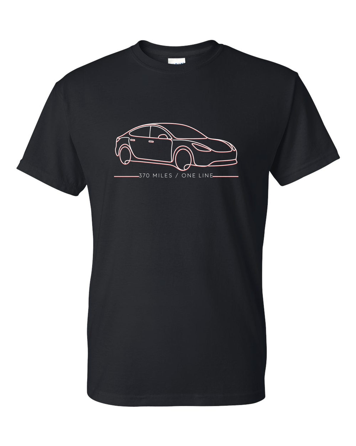 Continuous single-line contour drawing of a 2019 Tesla Model S Raven with the words 370 Miles One Line black t-shirt front view with the design