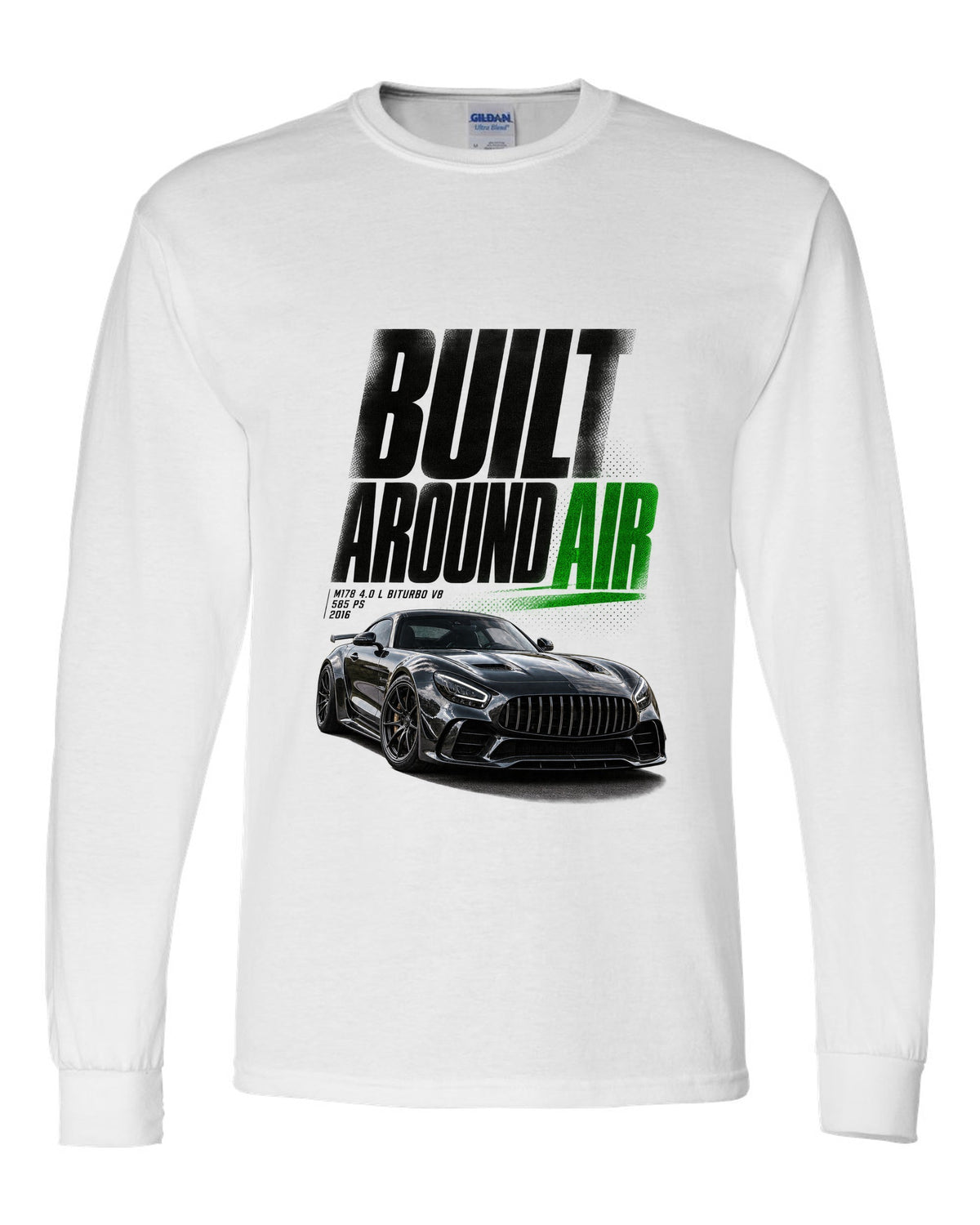 Halftone statement print of a Mercedes-AMG GT R C190 with Built Around Air lettering white long sleeve front view with the design