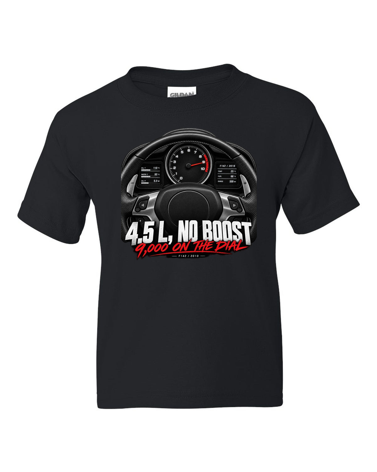 Cockpit gauge print of a Ferrari 458 Italia instrument cluster with 9,000 on the dial black kids tee front view with the design