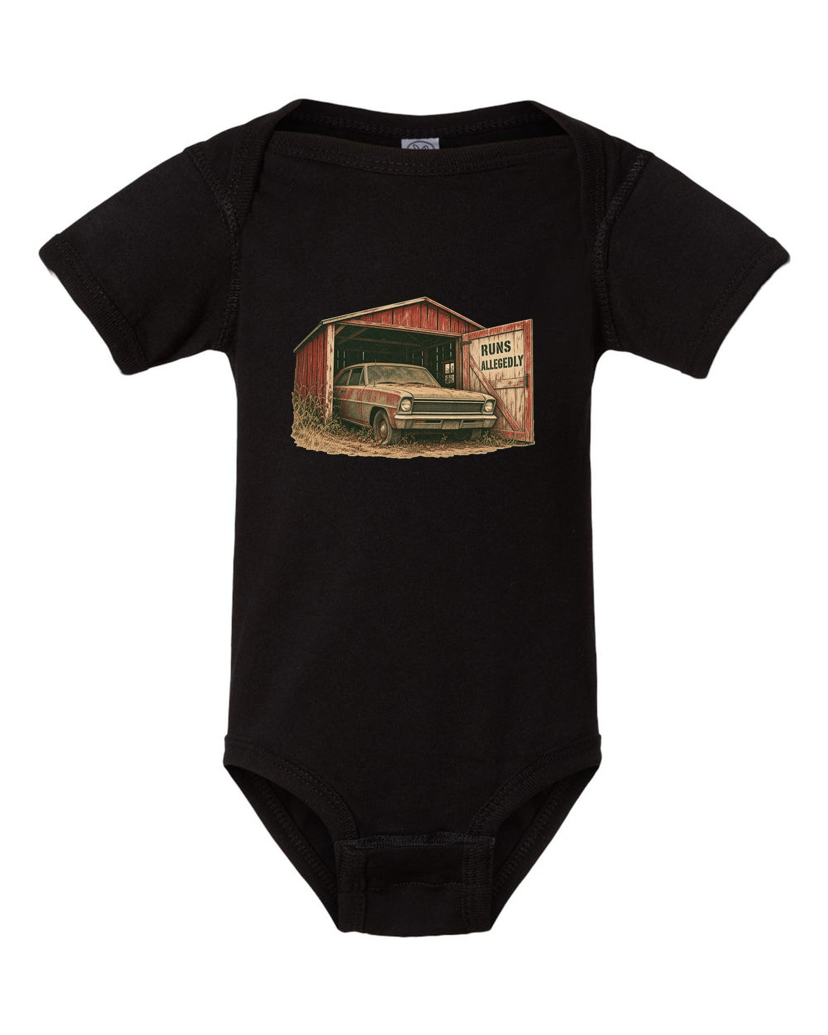 1966 Chevy II Nova in a grainy two-colour risograph barn find design with the text Runs Allegedly black baby onesie front view with the design