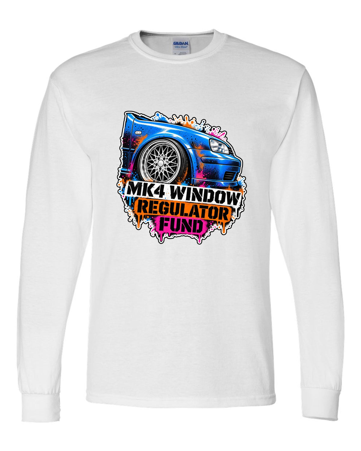 Stencil spray print of a VW Golf Mk4 with mesh wheels and window regulator fund text white long sleeve front view with the design
