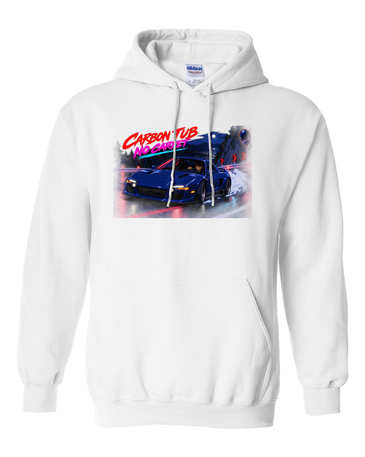 Cel-shaded anime night touge scene with an Alfa Romeo 4C and carbon tub no carpet text white pull over hoodie front view with the design