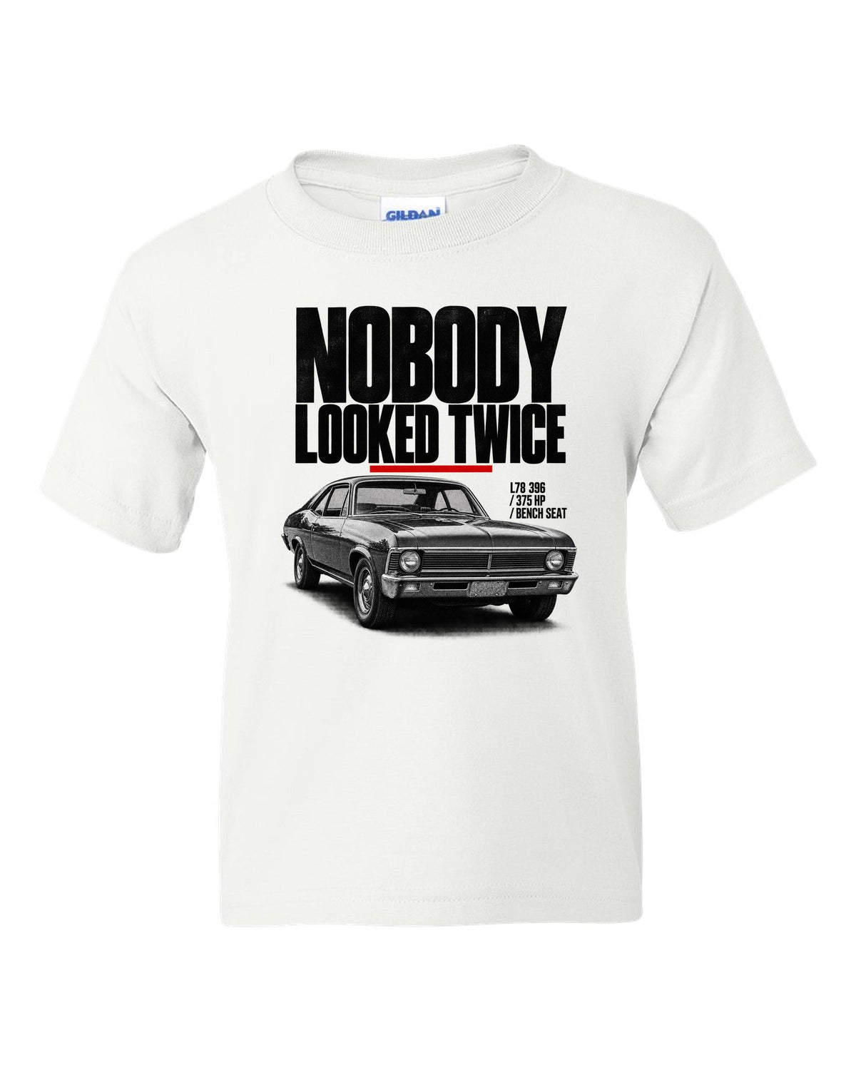 1969 Nova SS 396 halftone front three-quarter print with L78 396 specs white kids tee front view with the design