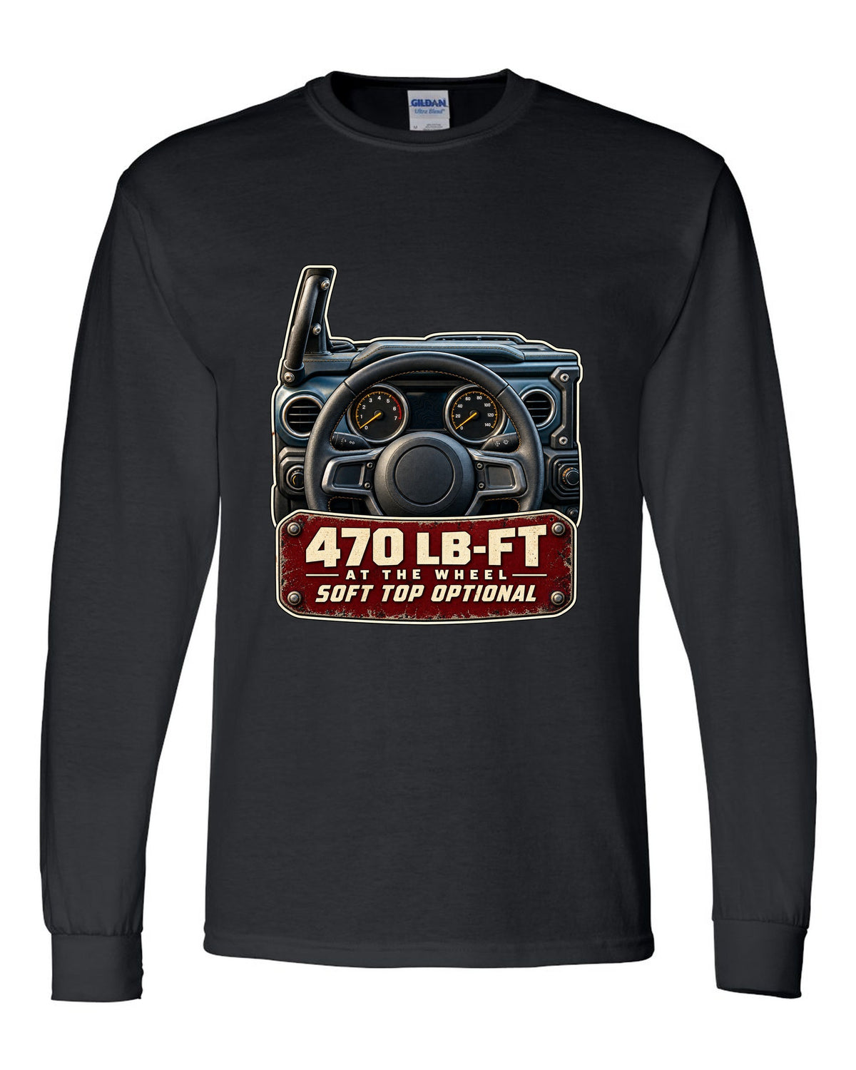 Gauge cluster print for the Jeep Wrangler Rubicon 392 with torque callout black long sleeve front view with the design