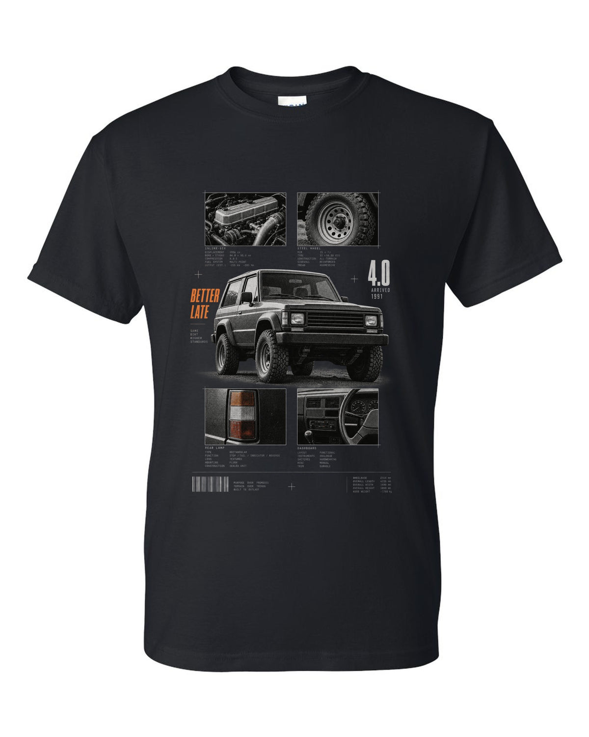 Dossier panel print for the Jeep Wrangler YJ 4.0, arrived 1991 black t-shirt front view with the design