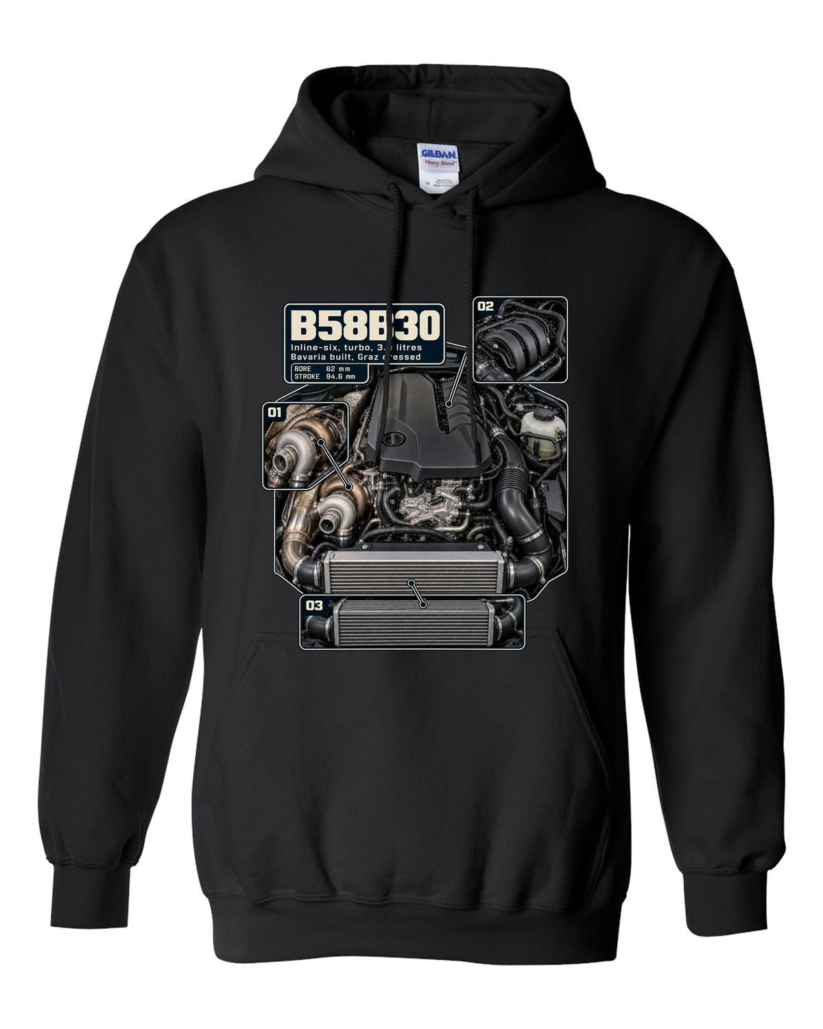 Engine hero print of the BMW B58B30 inline-six from the Z4 M40i black pull over hoodie front view with the design