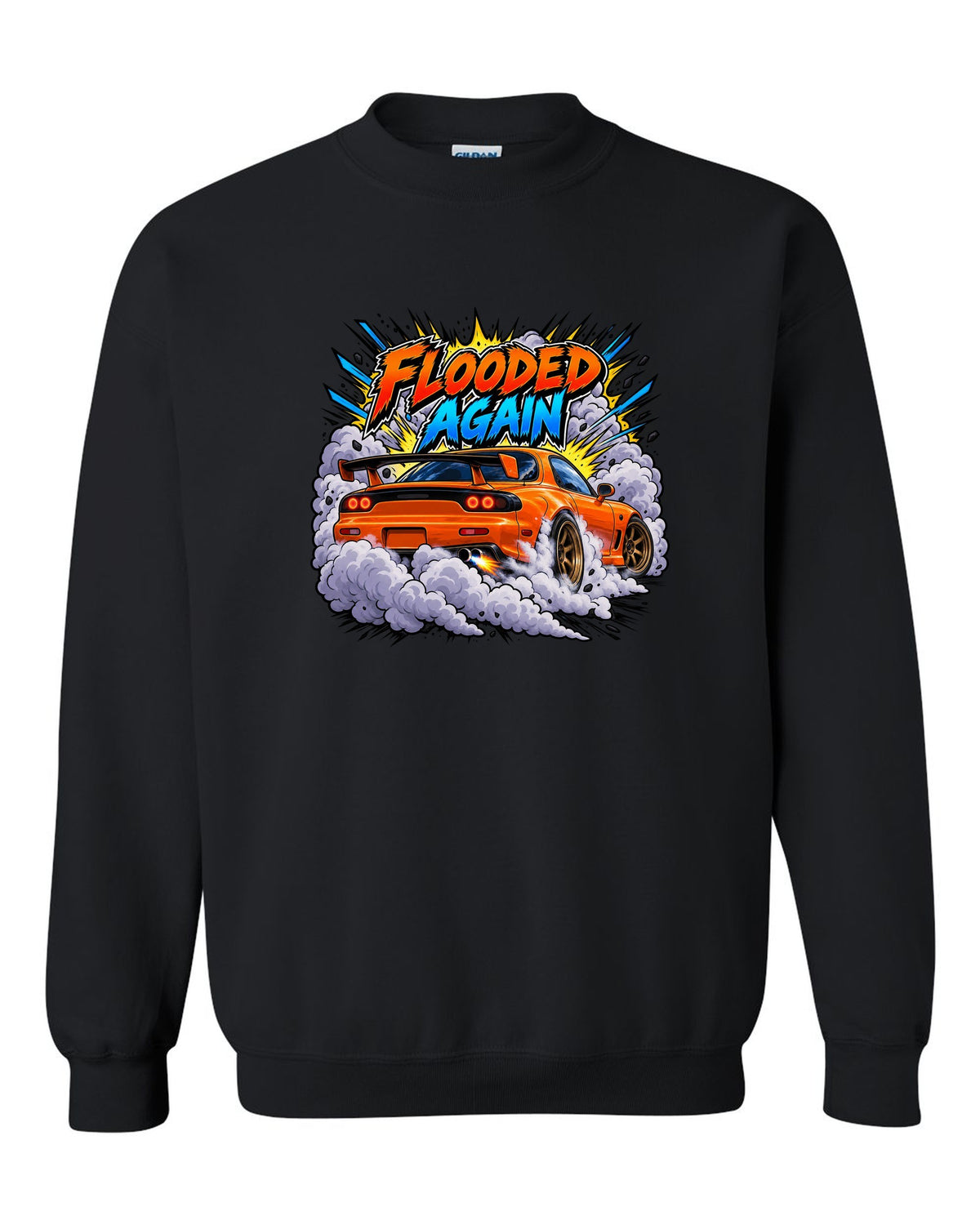 Comic-style Mazda RX-7 FD3S burnout with speed lines and smoke black crewneck front view with the design