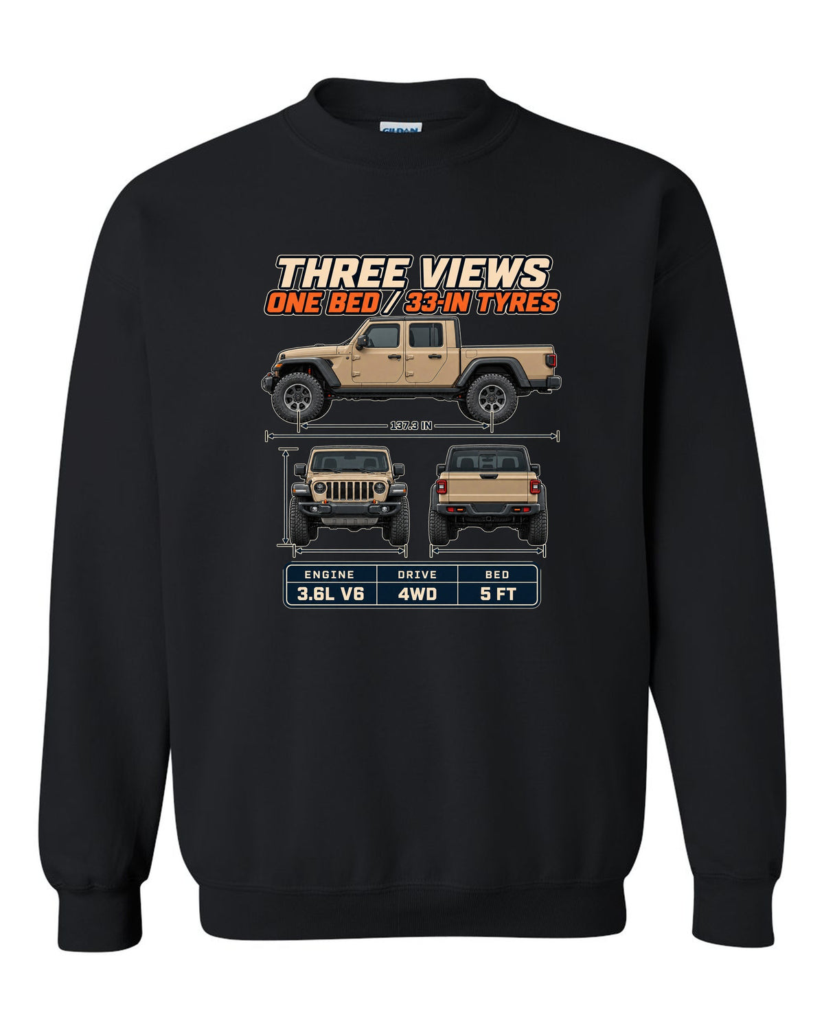 Three-view drawing with spec table print of the Jeep Gladiator Mojave black crewneck front view with the design