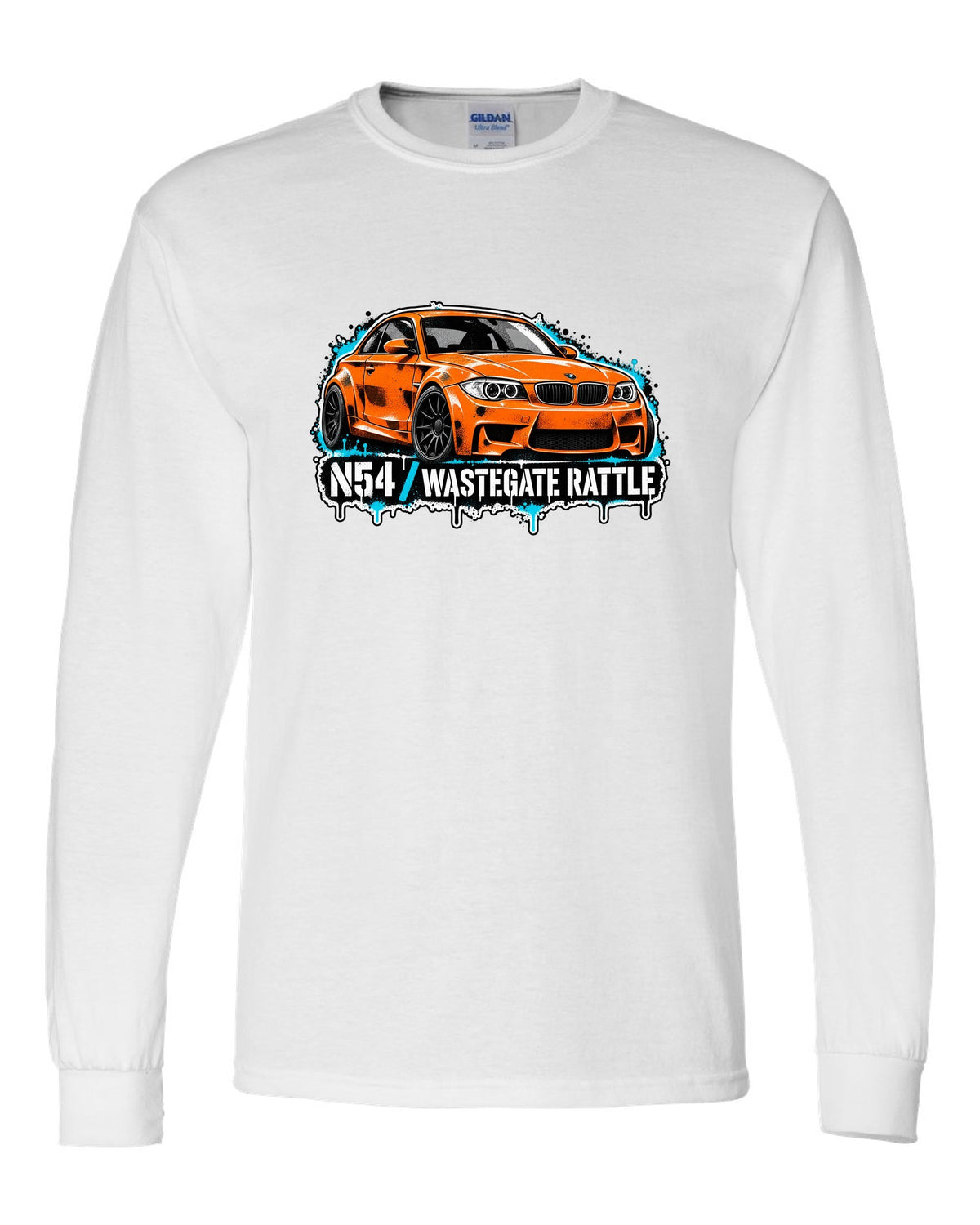 Embroidery-style varsity crest print of a BMW M1 E26 with louvre rear text white long sleeve front view with the design