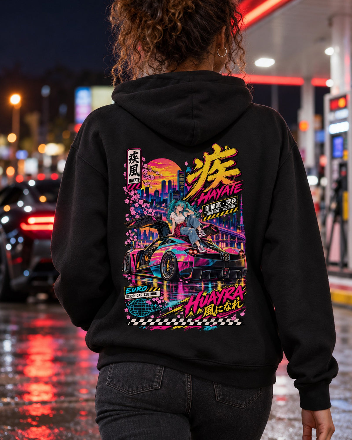 HAYATE HUAYRA Anime Girl Full-Back Graphic Tee Pull Over Hoodie Black worn hero