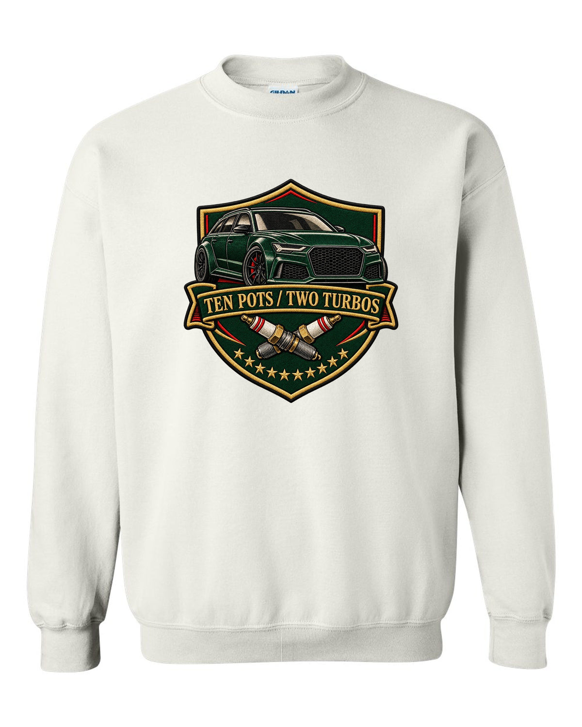 Varsity-style crest design of the Audi RS6 Avant C6 4F with ten pots two turbos lettering white crewneck front view with the design