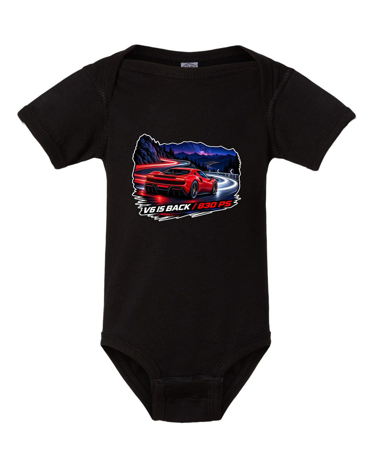 Long-exposure light trail print of the Ferrari 296 GTB with V6 is back text black baby onesie front view with the design