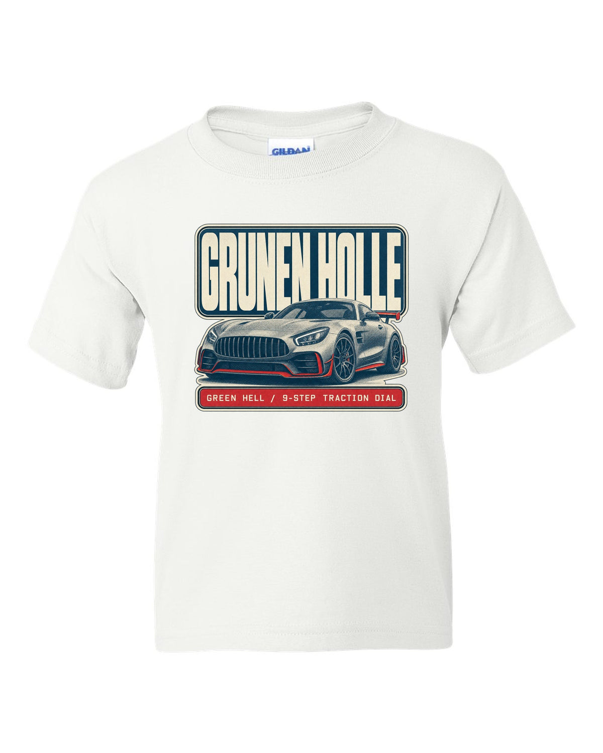 Mercedes-AMG GT R C190 halftone Green Hell print white kids tee front view with the design