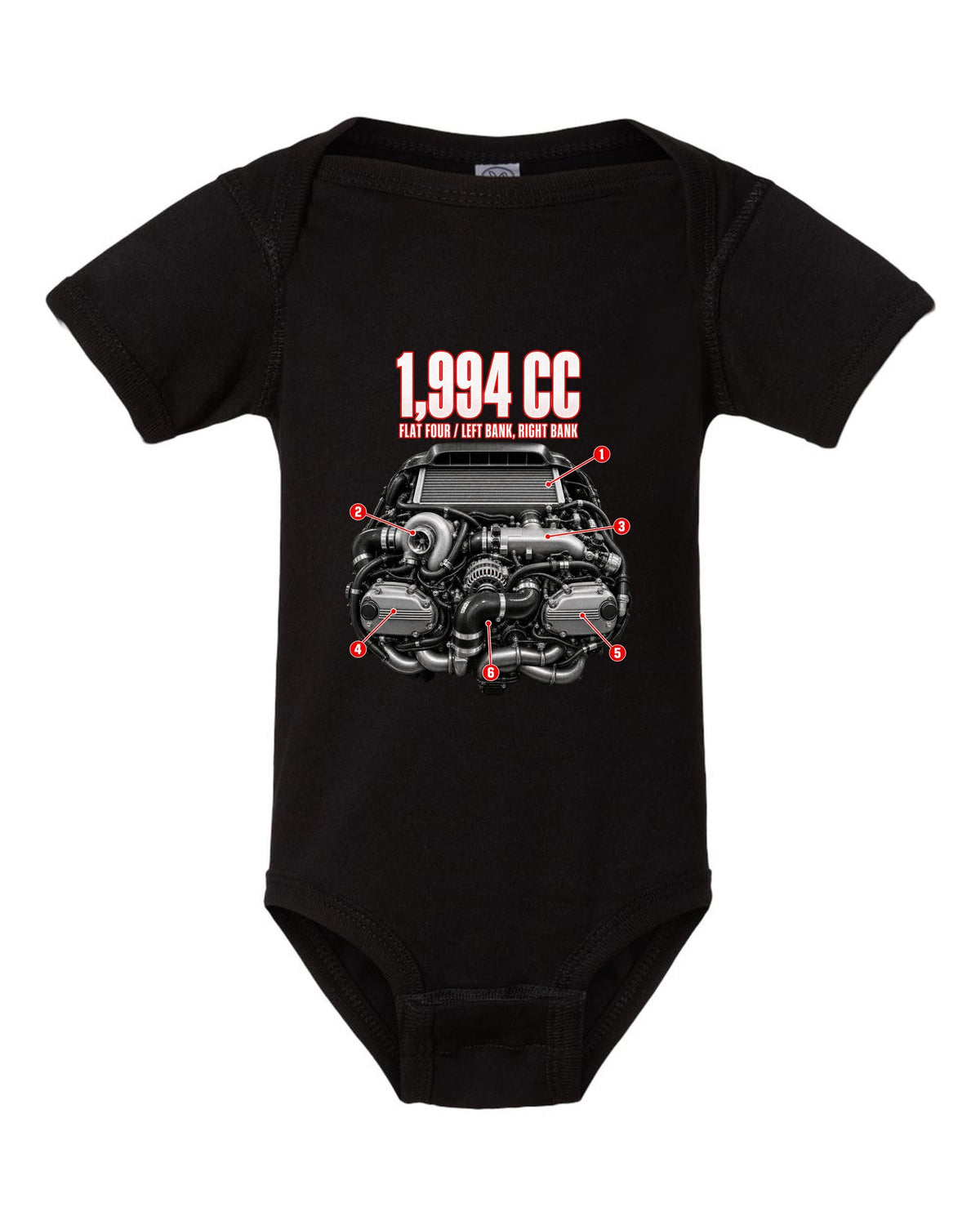 Subaru EJ20K flat-four boxer engine anatomy illustration from a GC8 WRX black baby onesie front view with the design