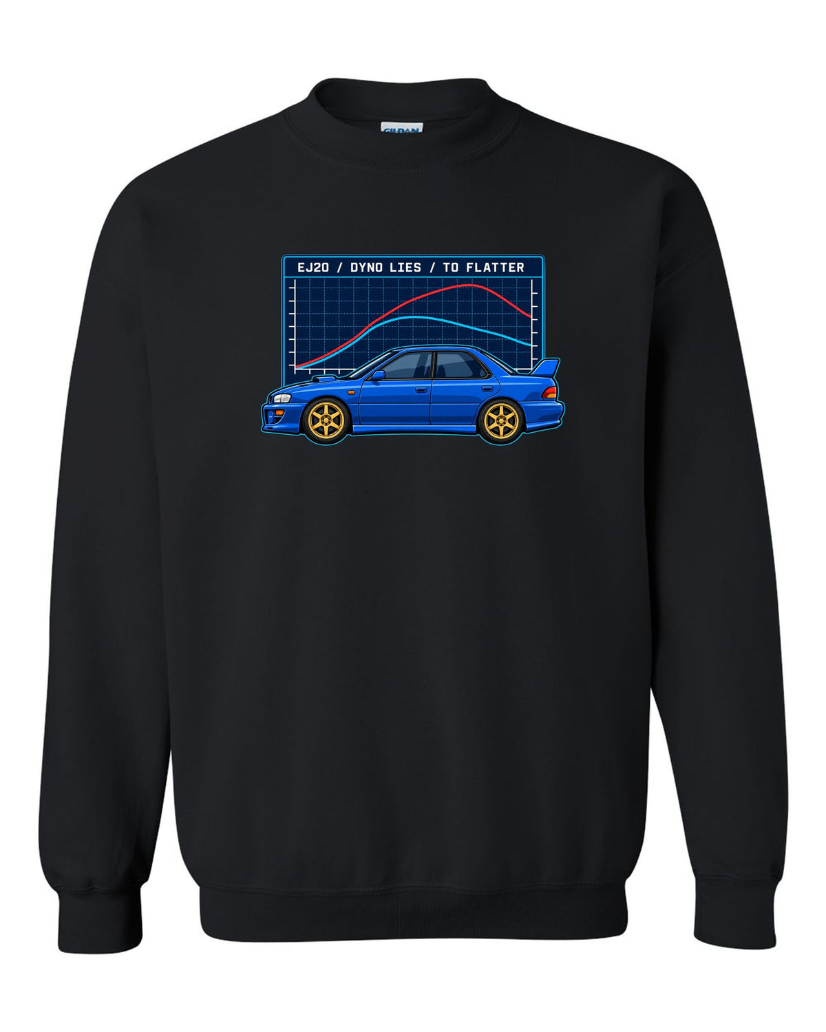 Vintage gauge face illustration pinned at 1.0 bar for a Subaru Impreza 22B STI black crewneck front view with the design