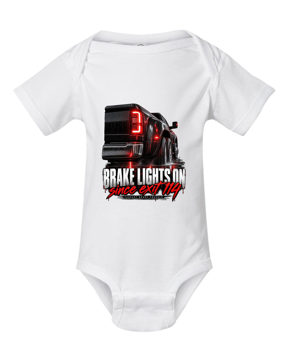 Taillight macro print of a 2019-2024 Ram HD 3500 dually with brake lights lit white baby onesie front view with the design